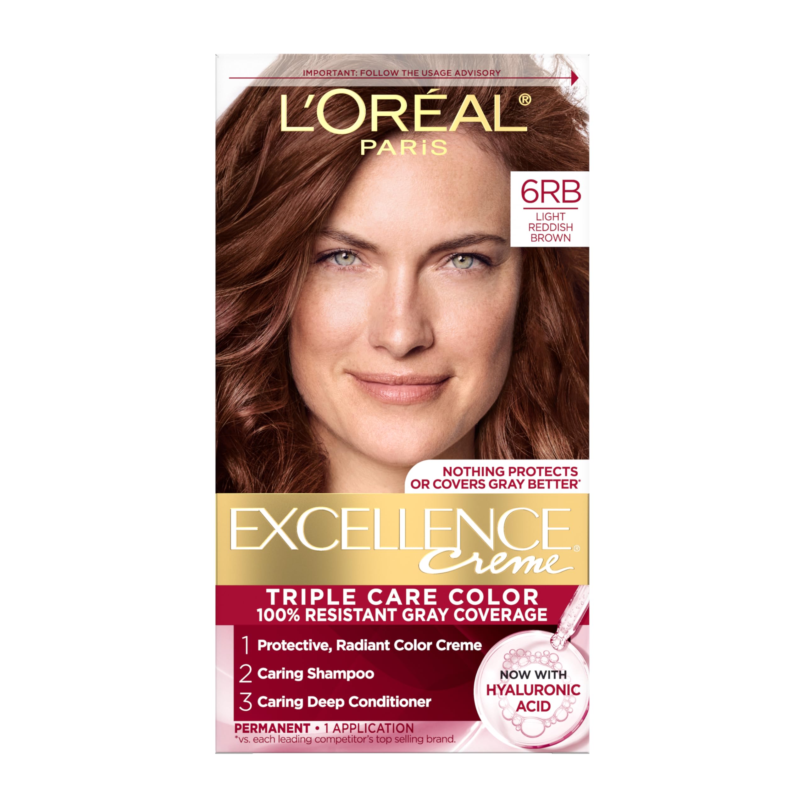 L'Oréal Paris Excellence Creme 6RB dye swatch for light reddish-brown shade and gray coverage.