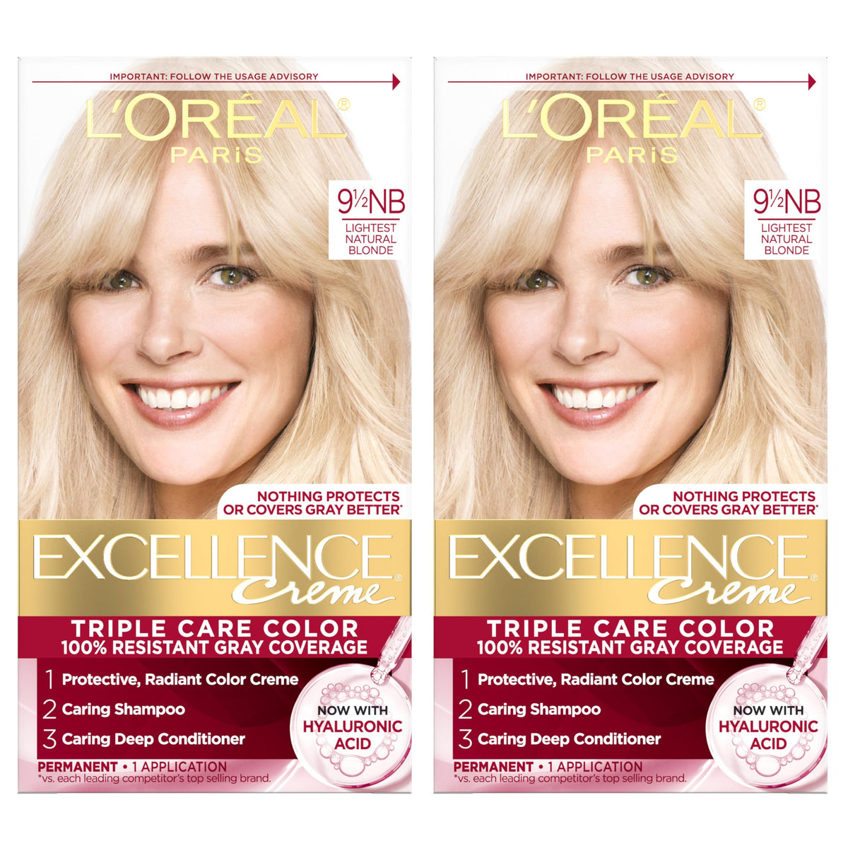 L'Oreal Paris Excellence Creme bottle pour demonstrates smooth application for even gray coverage.