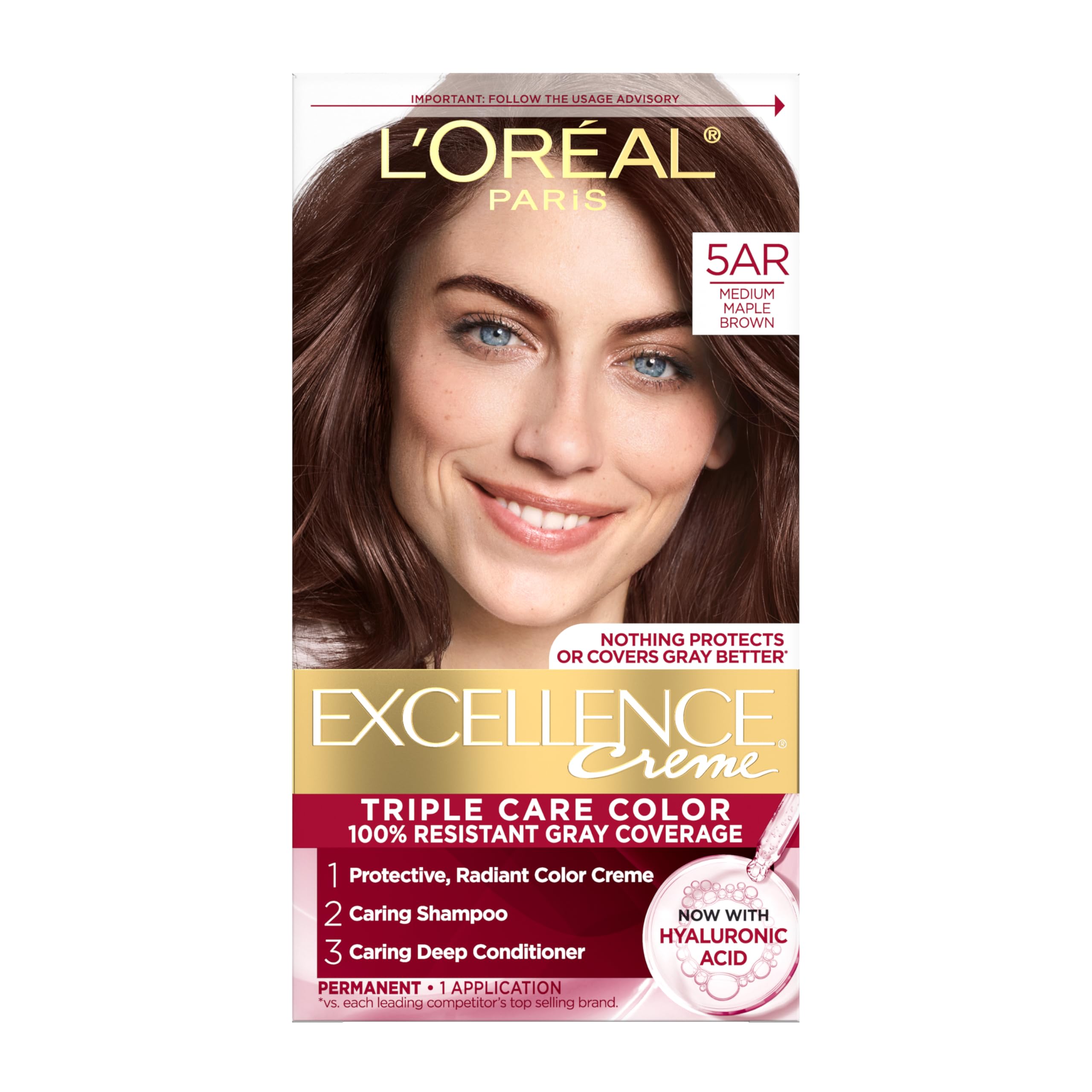 L'Oreal Paris Excellence Crème color-cream in 5AR Medium Maple Brown delivers even gray coverage.