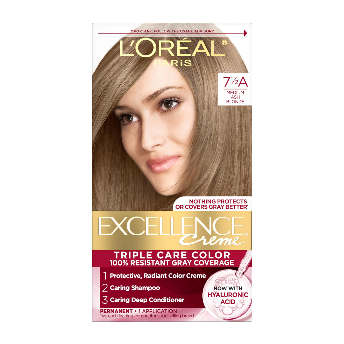 L'Oreal Paris Excellence Creme color cream bottle for full gray coverage.