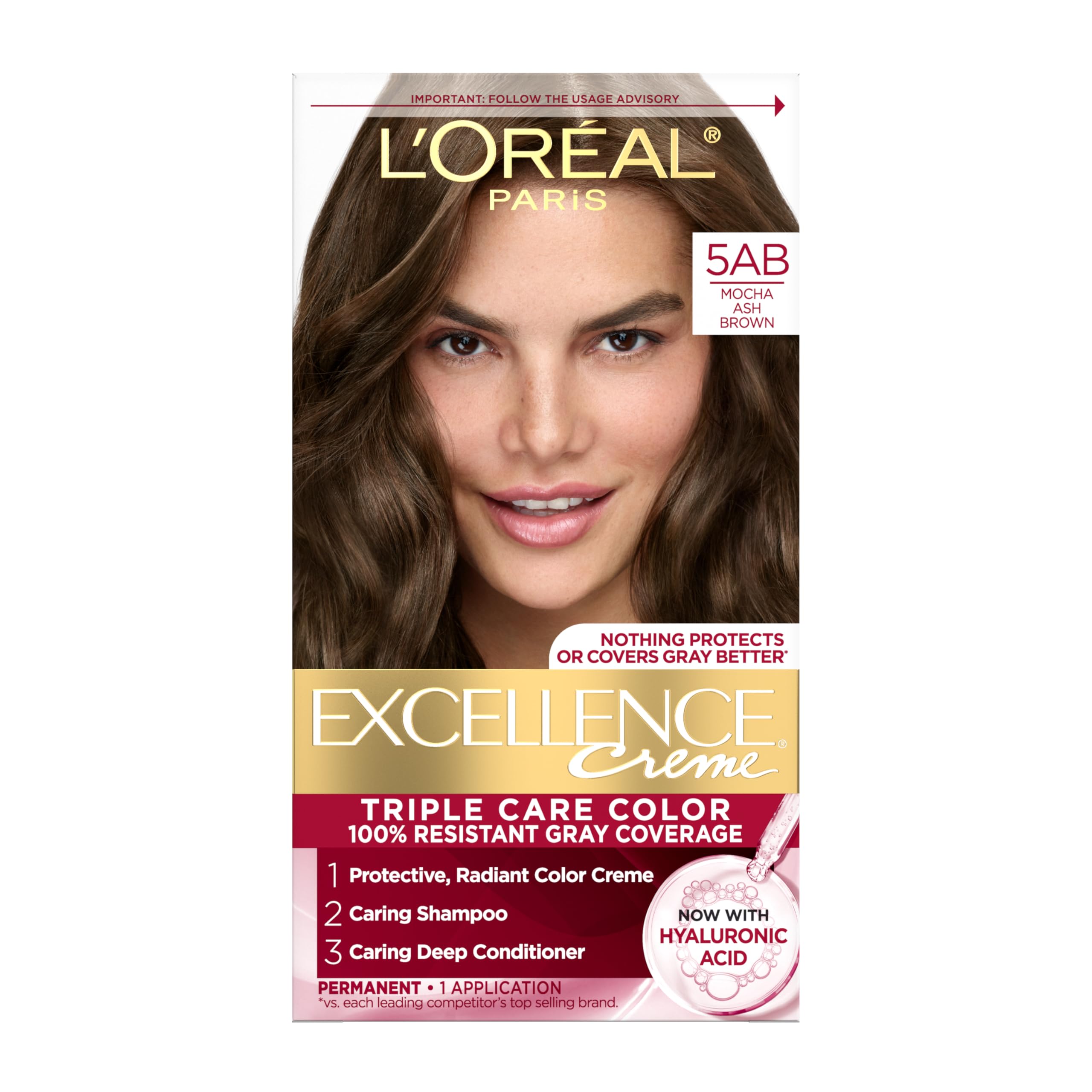 L'Oreal Paris Excellence Creme color cream packaging highlighting triple care system for gray coverage.