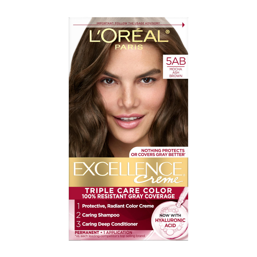 L'Oreal Paris Excellence Creme color cream packaging highlighting triple care system for gray coverage.