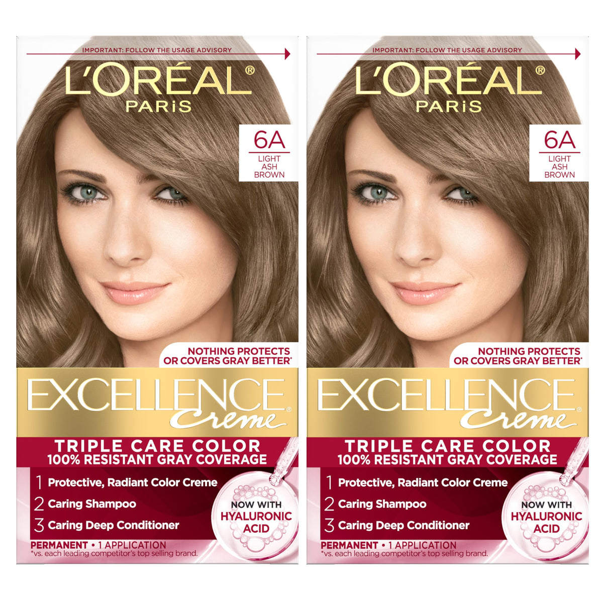 L'Oreal Paris Excellence Creme color cream applied to hair for gray coverage.