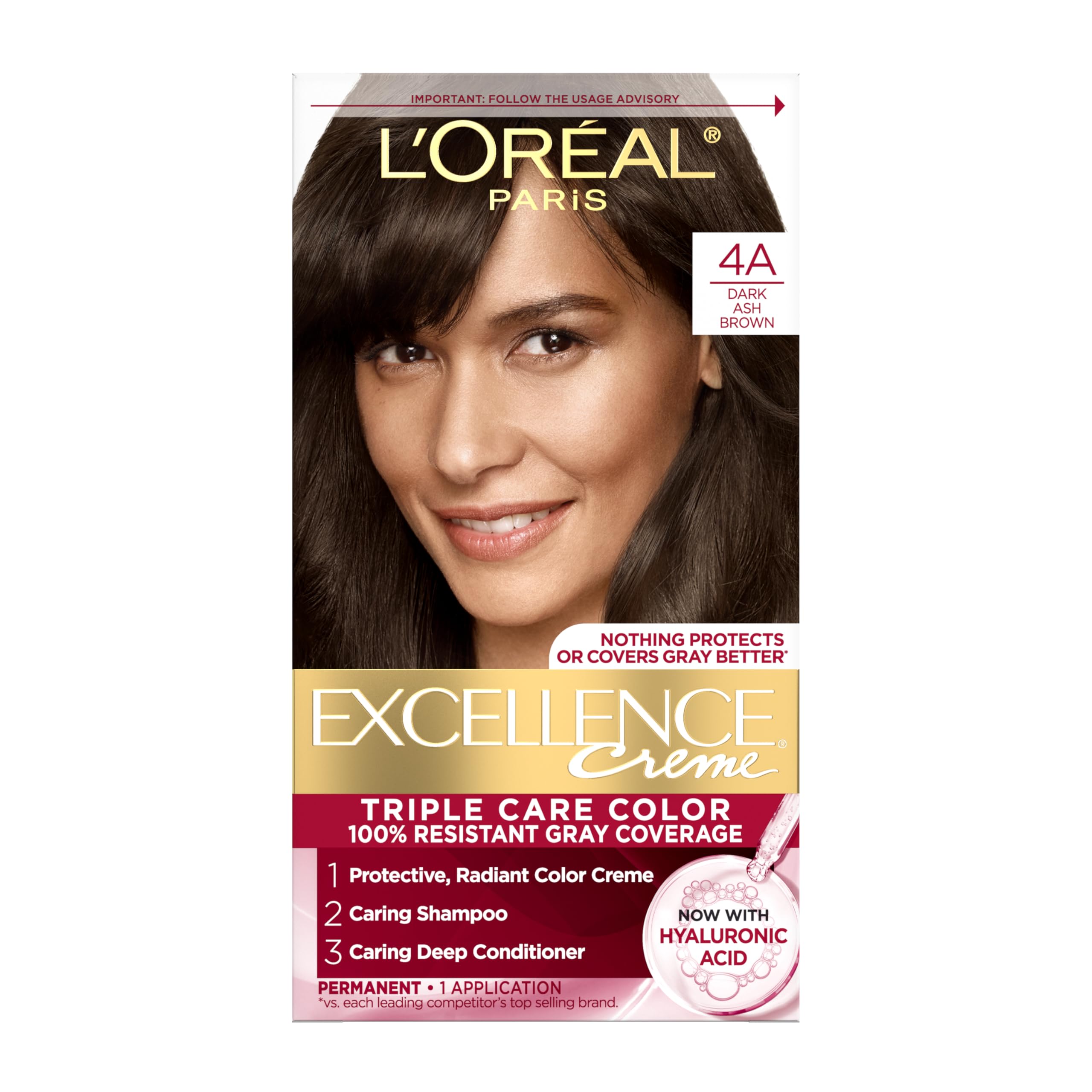 L'Oreal Paris Excellence Creme dye bottle showing rich color cream for gray coverage
