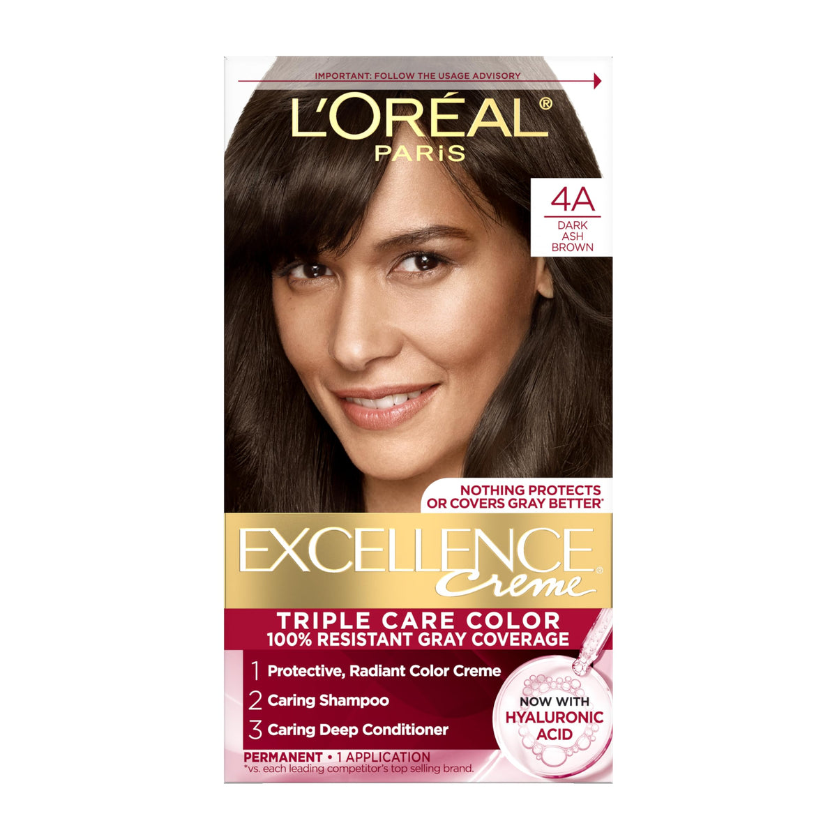 L'Oreal Paris Excellence Creme dye bottle showing rich color cream for gray coverage