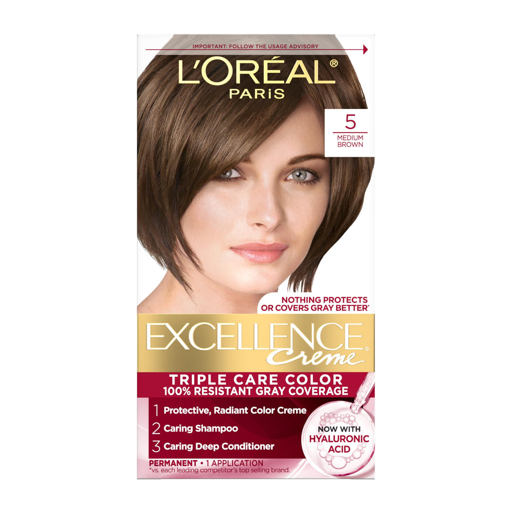 L'Oreal Paris Excellence Crème gray-coverage demonstrates full gray coverage with Hyaluronic Acid.