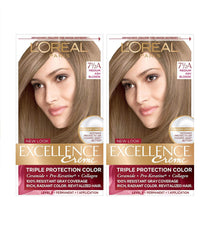 L'Oreal Paris Excellence Creme hair dye pack for long-lasting gray coverage.