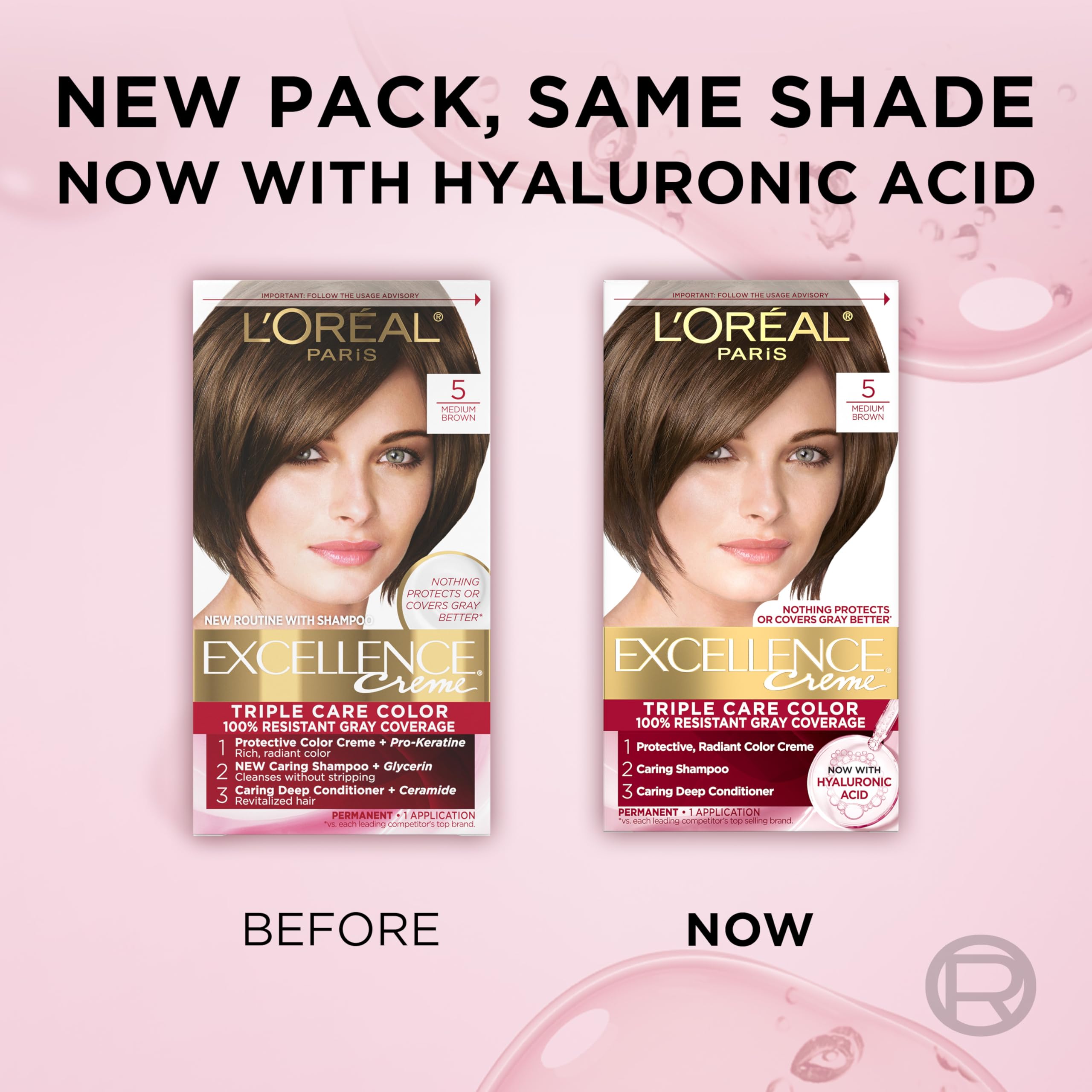 L'Oreal Paris Excellence Crème hyaluronic-acid infusion for hair protection.