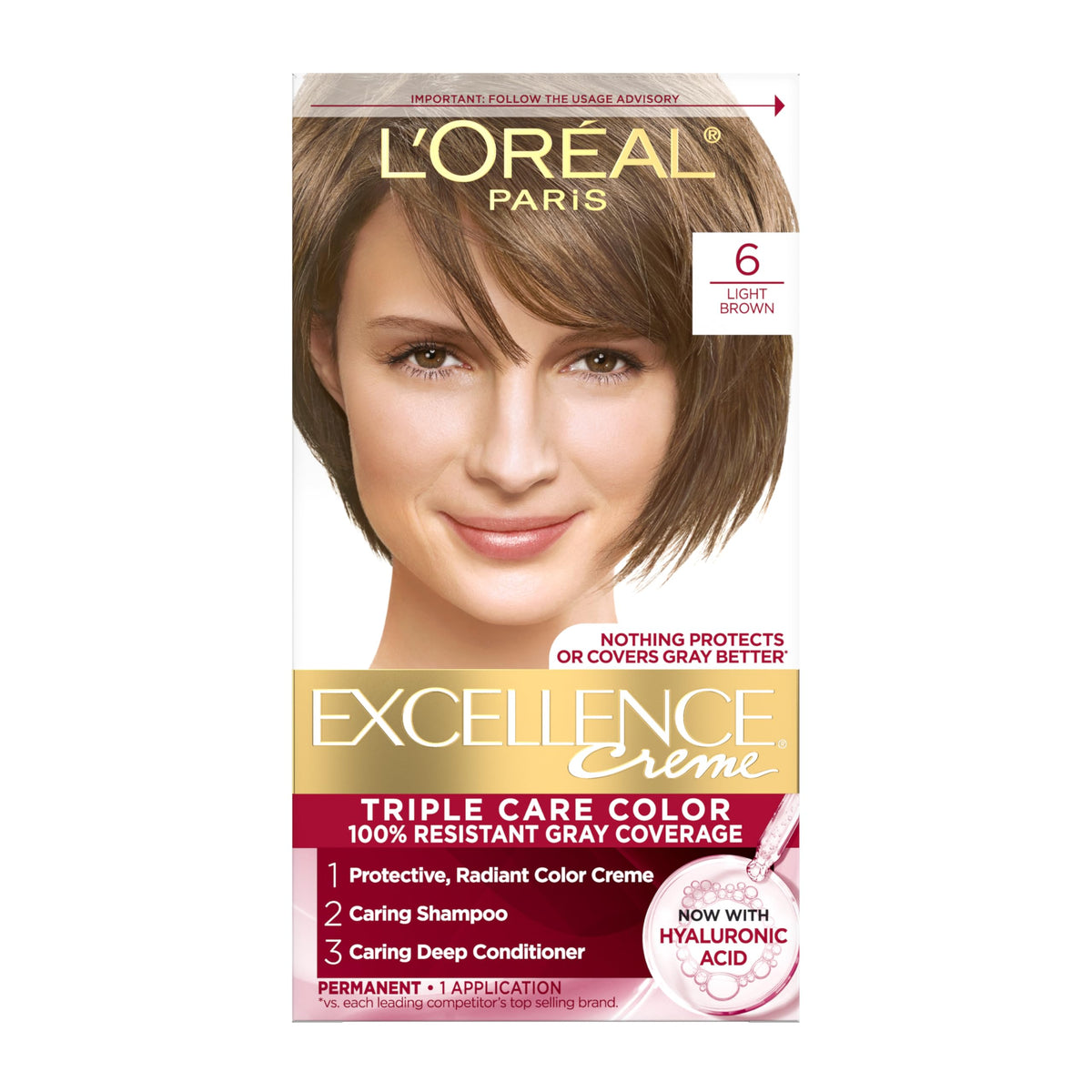 L'Oreal Paris Excellence Crème packaging shows a complete dye kit for at-home color.