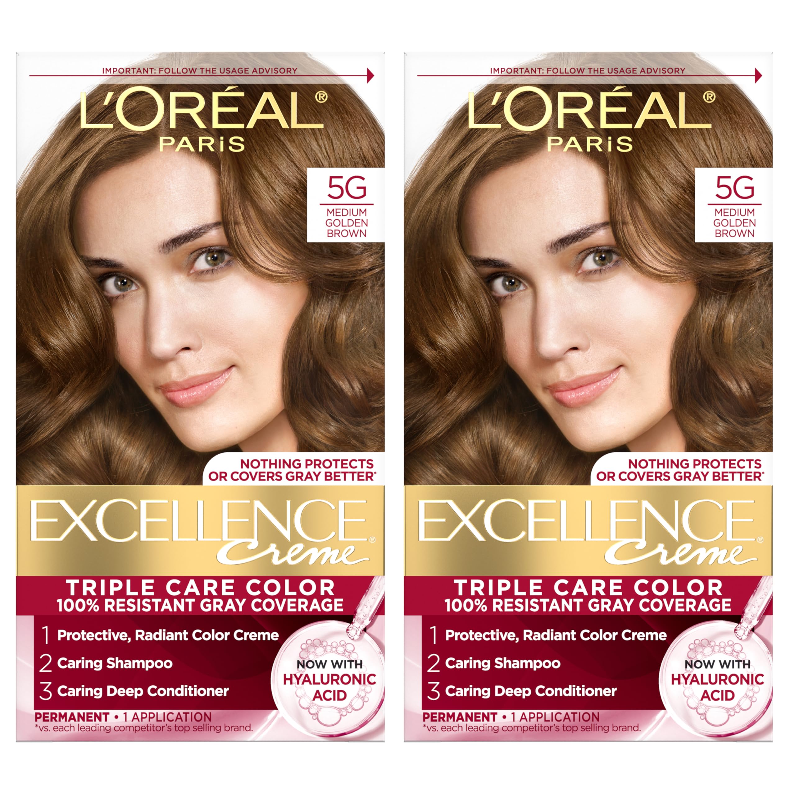 L'Oreal Paris Excellence Crème permanent dye packaging showing a 2-kit set for gray coverage