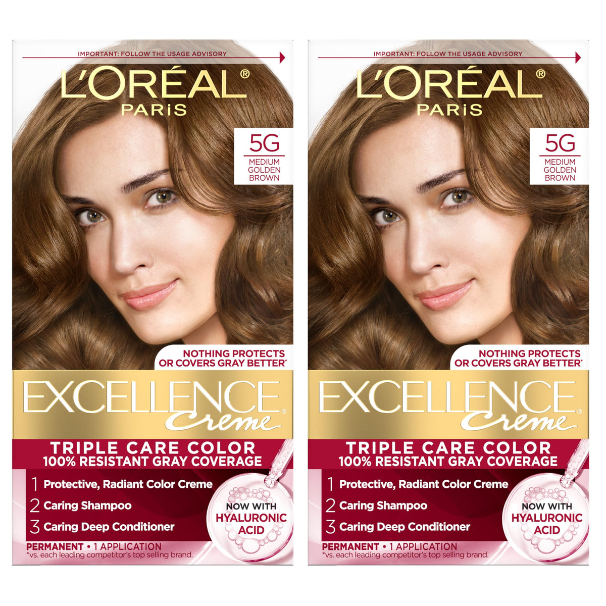 L'Oreal Paris Excellence Crème permanent dye packaging showing a 2-kit set for gray coverage
