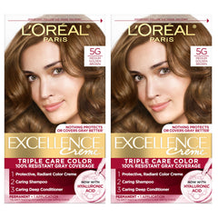 L'Oreal Paris Excellence Crème permanent dye packaging showing a 2-kit set for gray coverage