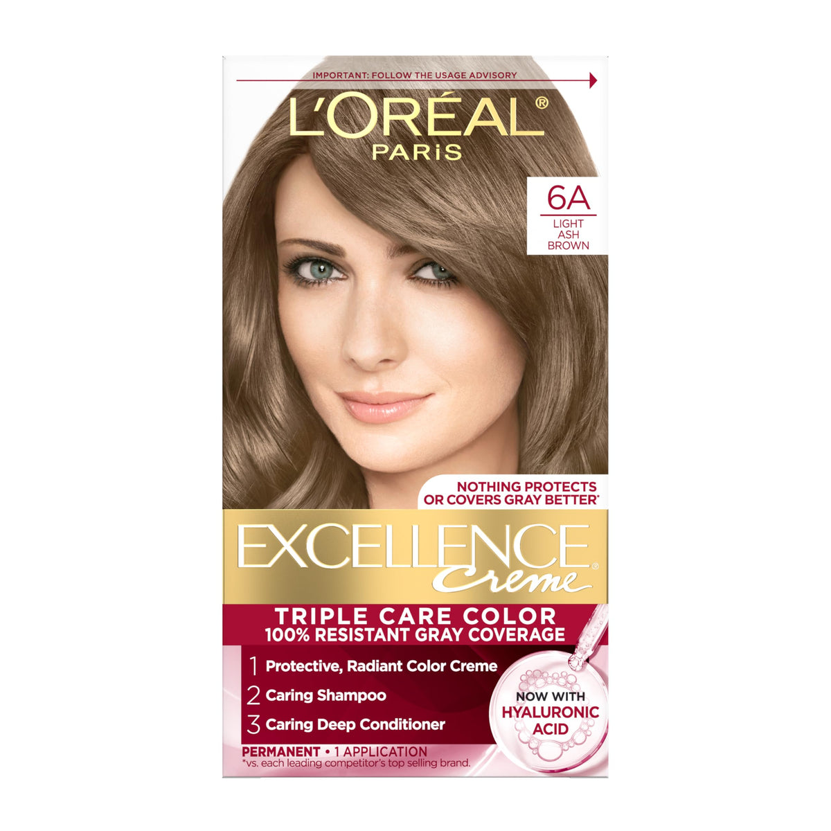 L'Oreal Paris Excellence Creme 6A Light Ash Brown kit delivers full gray coverage with lasting color.