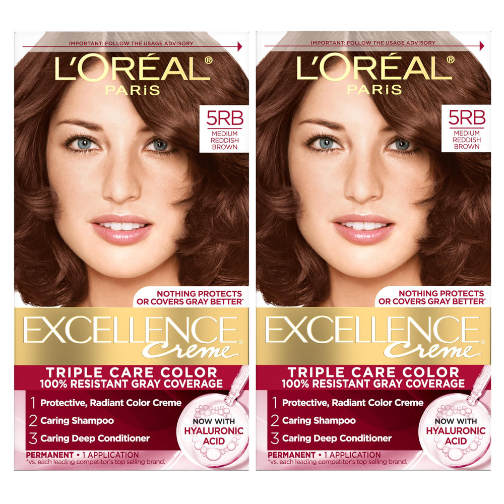 L’Oréal Paris Excellence Creme bottle pour demonstrates color application for gray coverage.