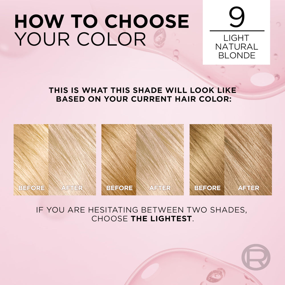 L'Oreal Paris Excellence Crème shade swatches display 9 Light Natural Blonde.