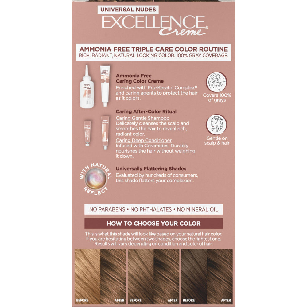 L'Oreal Paris Excellence Universal Nudes 6N triple care color routine with shampoo and conditioner