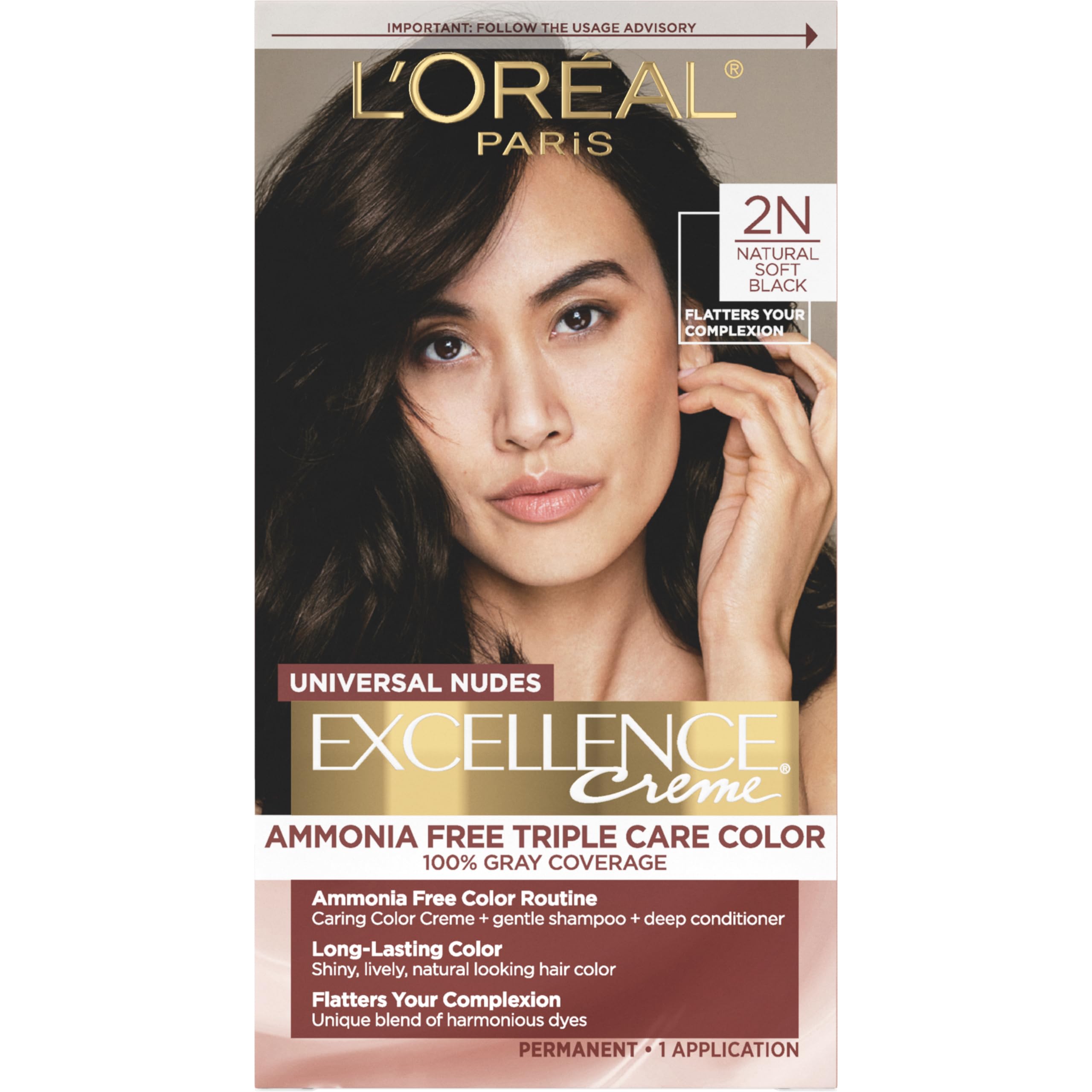 L’Oréal Paris Excellence Universal Nudes ammonia-free color cream for gray coverage.