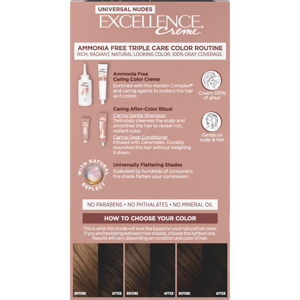 L’Oréal Paris Excellence Universal Nudes model showing 100% gray coverage.