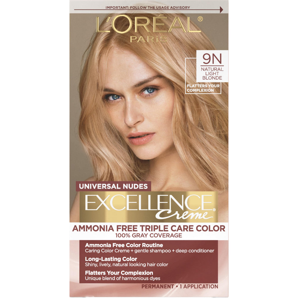L'Oréal Paris Excellence Universal Nudes bottle pour with ammonia-free formula for gentle gray coverage.
