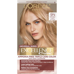 L'Oréal Paris Excellence Universal Nudes bottle pour with ammonia-free formula for gentle gray coverage.