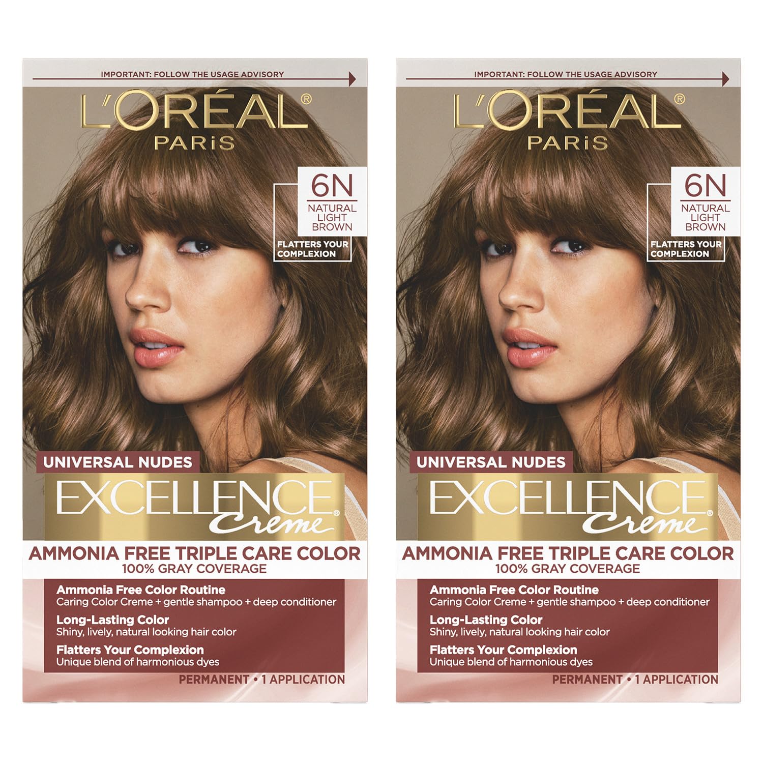 L'Oreal Paris Excellence Universal Nudes bottle shows ammonia-free color for gentle gray coverage.