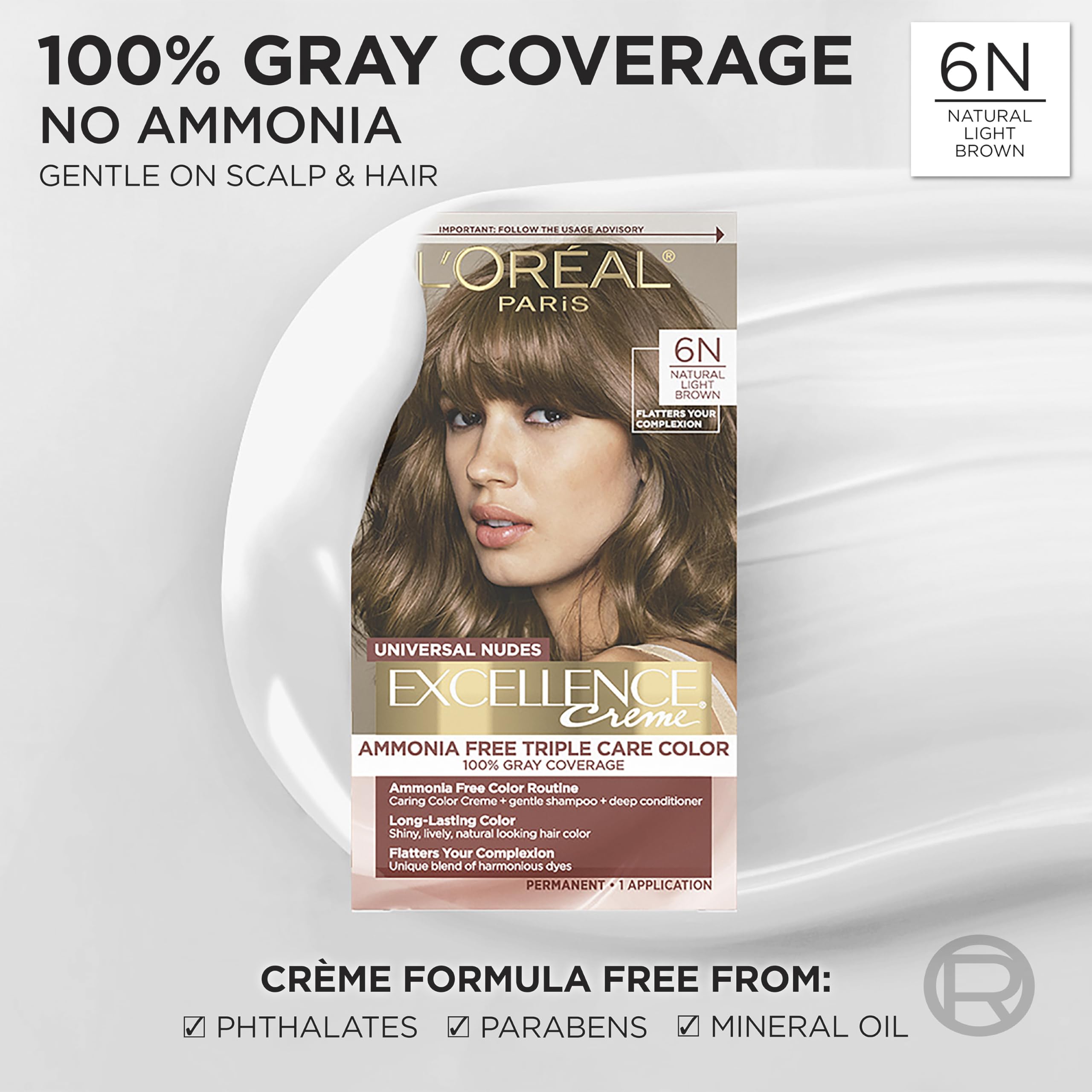 L'Oreal Paris Excellence Universal Nudes color-cream tube highlights rich, even application.