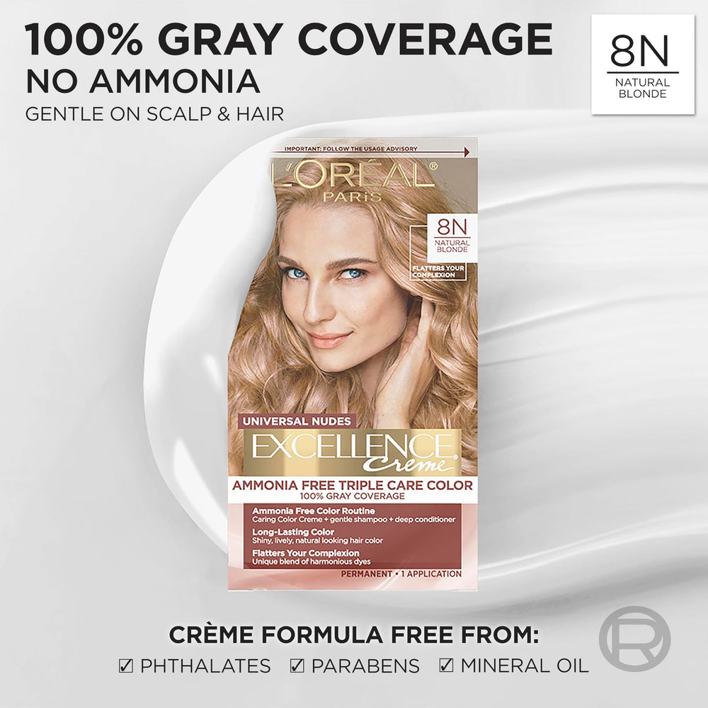 L'Oreal Paris Excellence Universal Nudes color creme application shows even coverage.