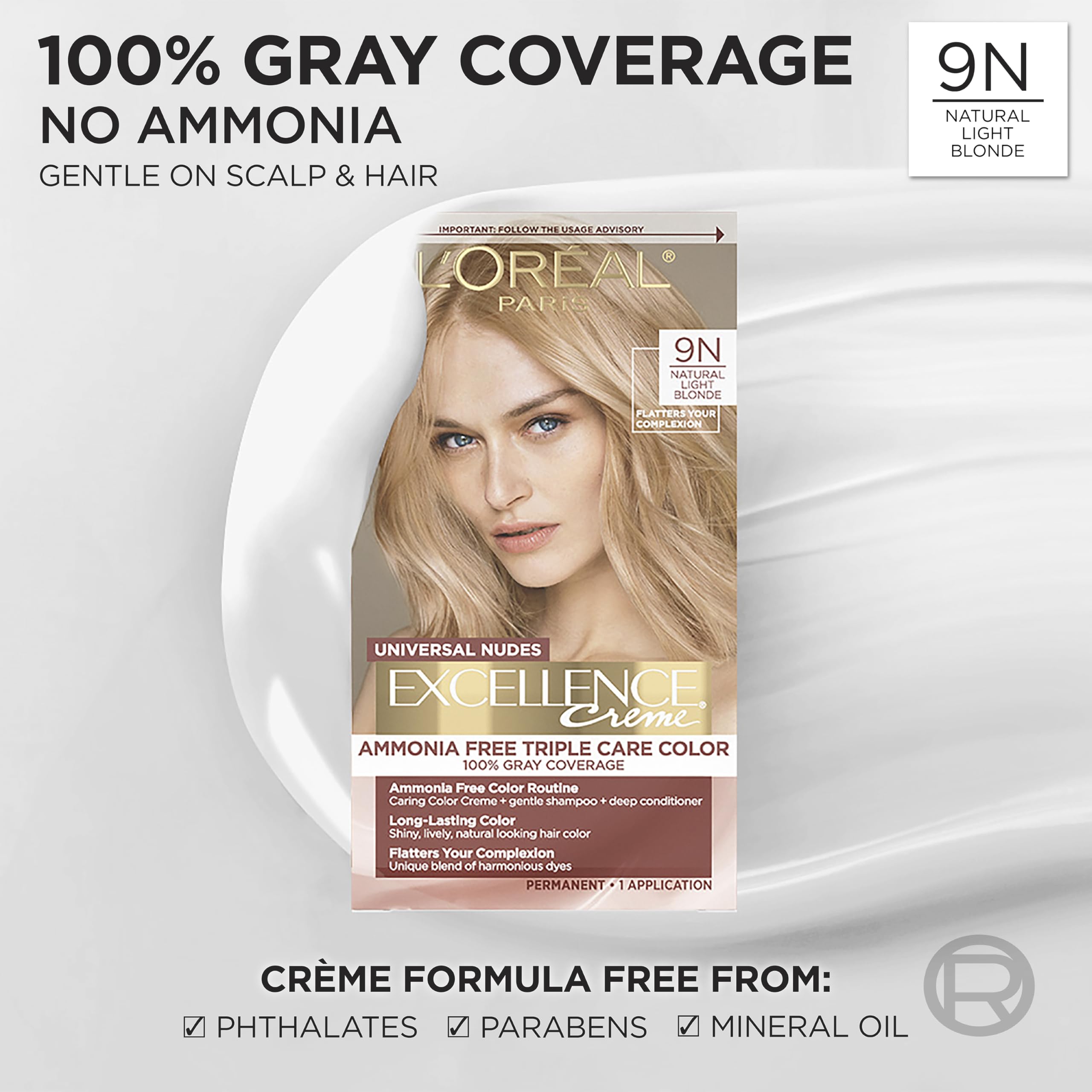 L'Oréal Paris Excellence Universal Nudes cream texture ready for application, ammonia-free rich color.
