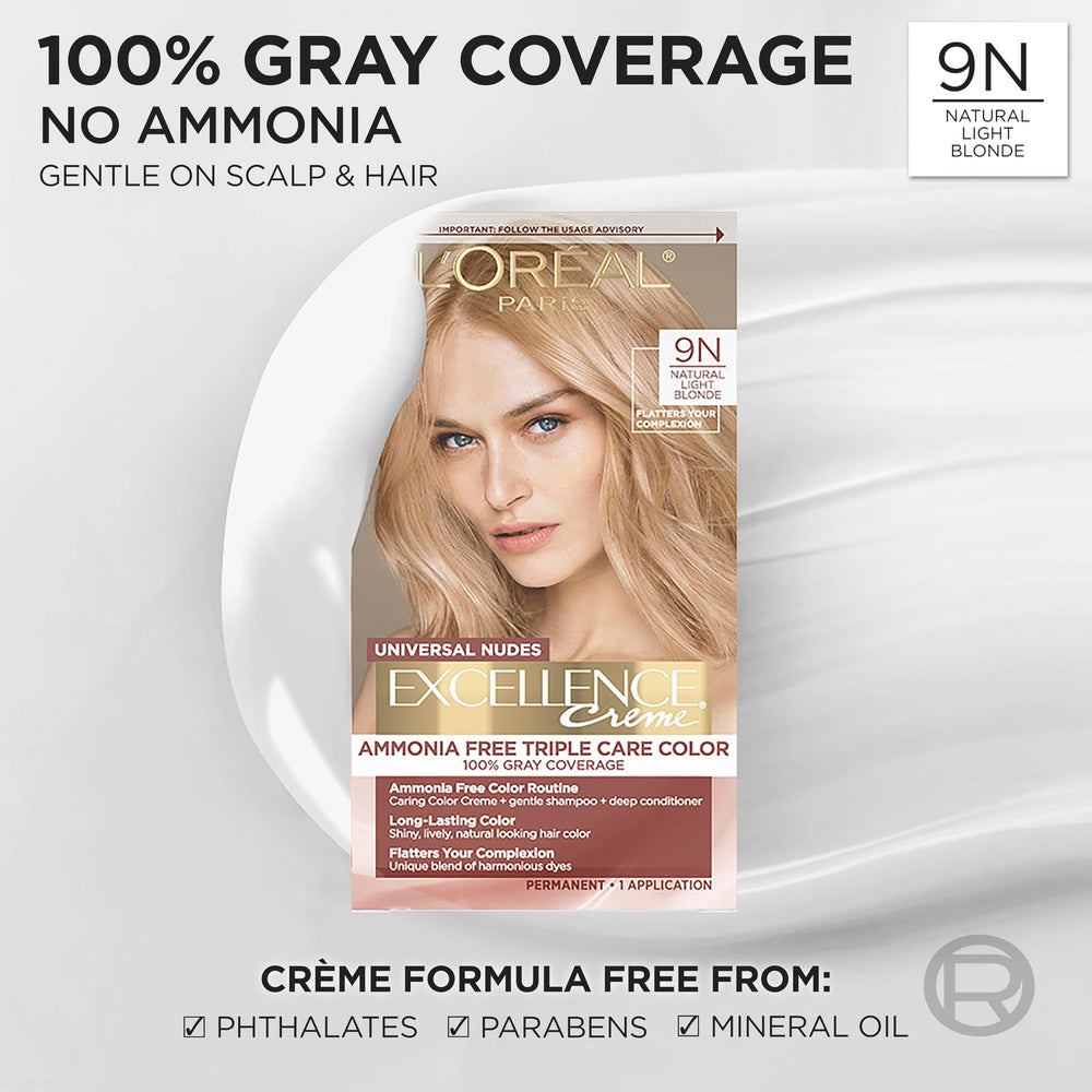 L'Oréal Paris Excellence Universal Nudes cream texture ready for application, ammonia-free rich color.