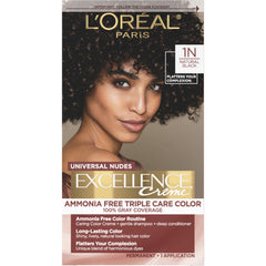 L’Oréal Paris Excellence Universal Nudes natural black 1N bottle shows ammonia-free gray coverage
