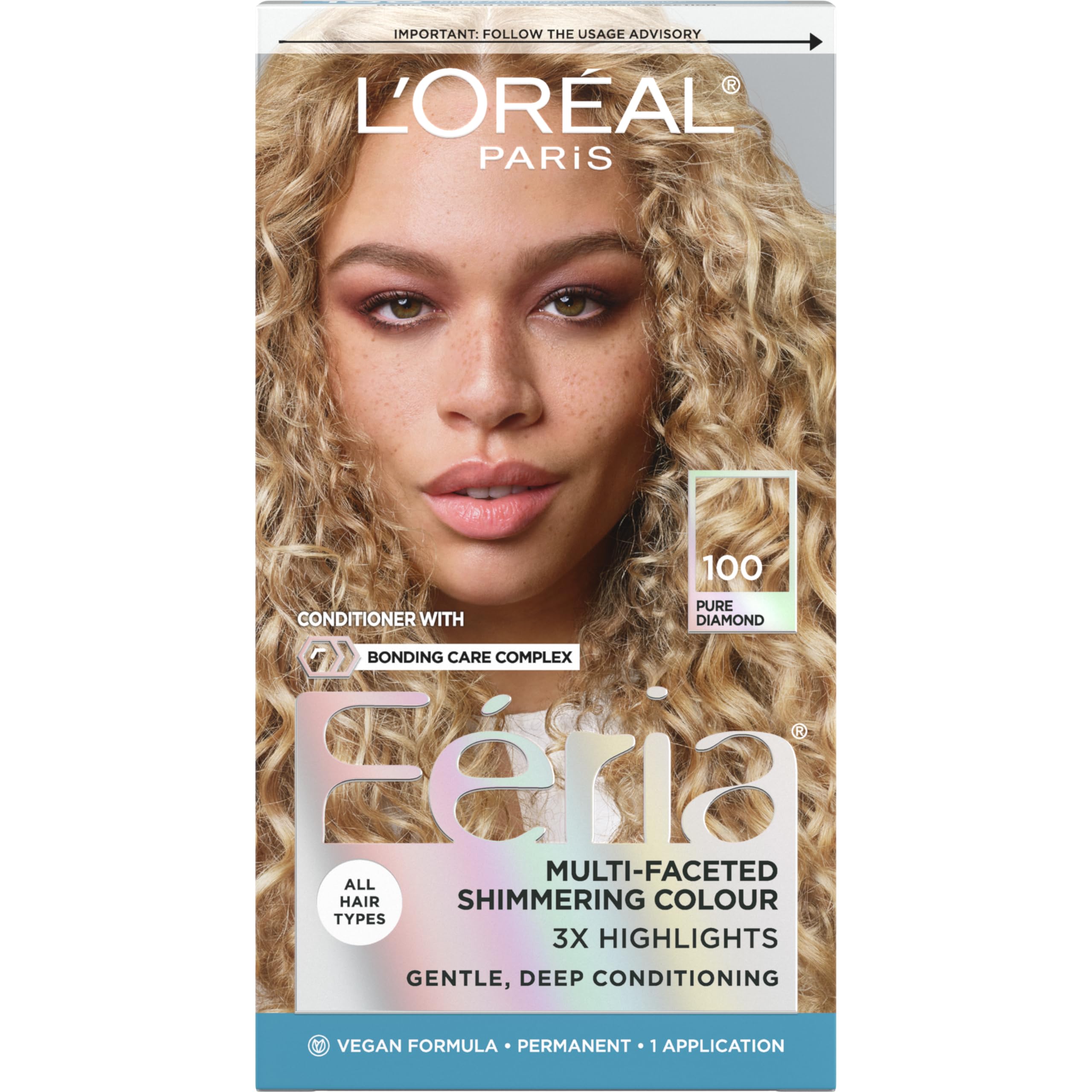 L'Oreal Paris Feria 100 Pure Diamond bottle showcases a shimmering very light blonde tone with lasting brightness.