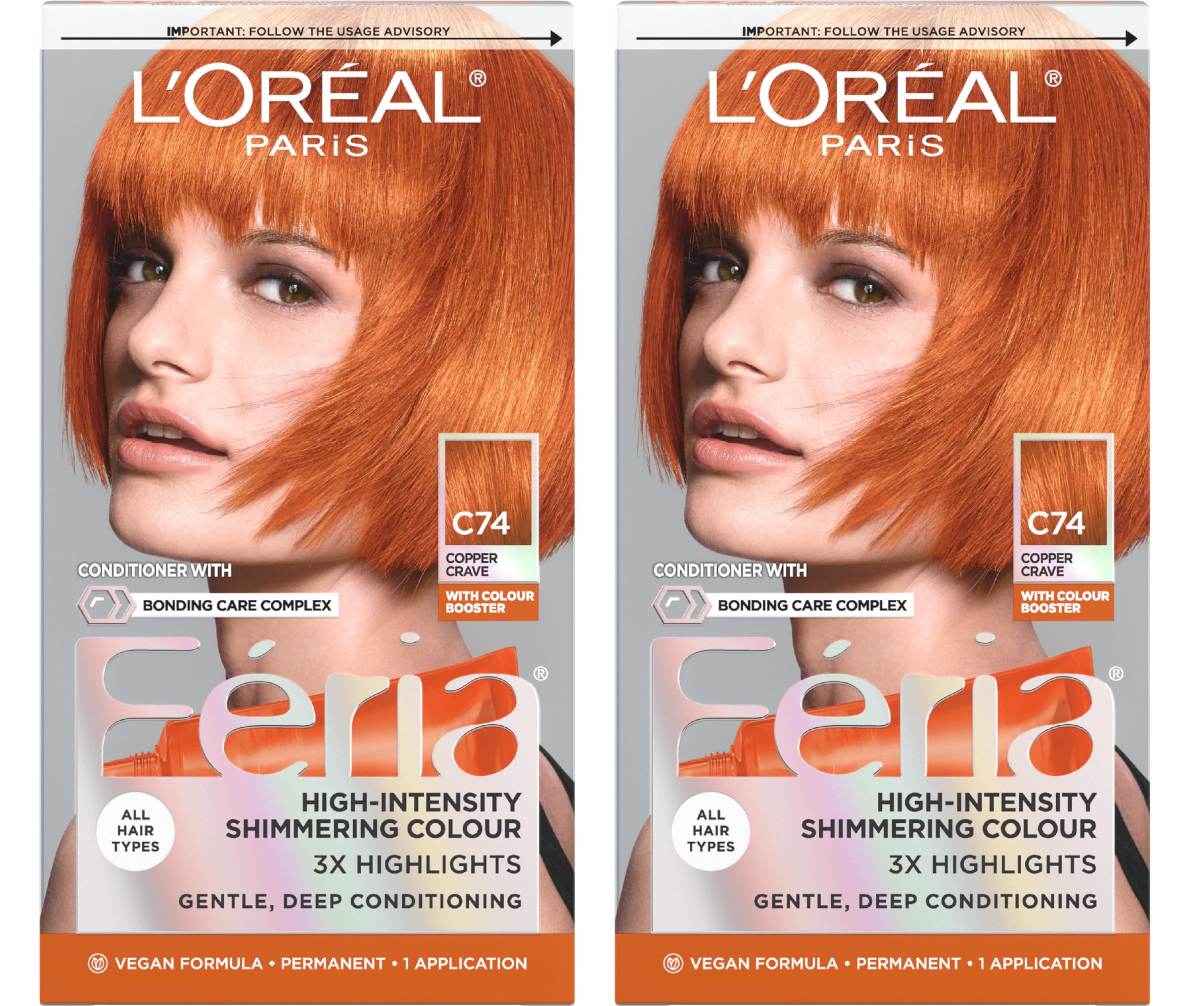 L'Oreal Paris Feria C74 Intense Copper color cream for vibrant, long-lasting shade.