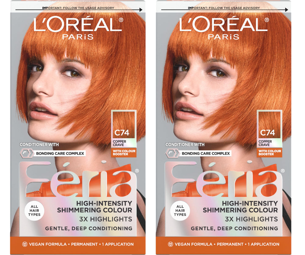 L'Oreal Paris Feria C74 Intense Copper color cream for vibrant, long-lasting shade.