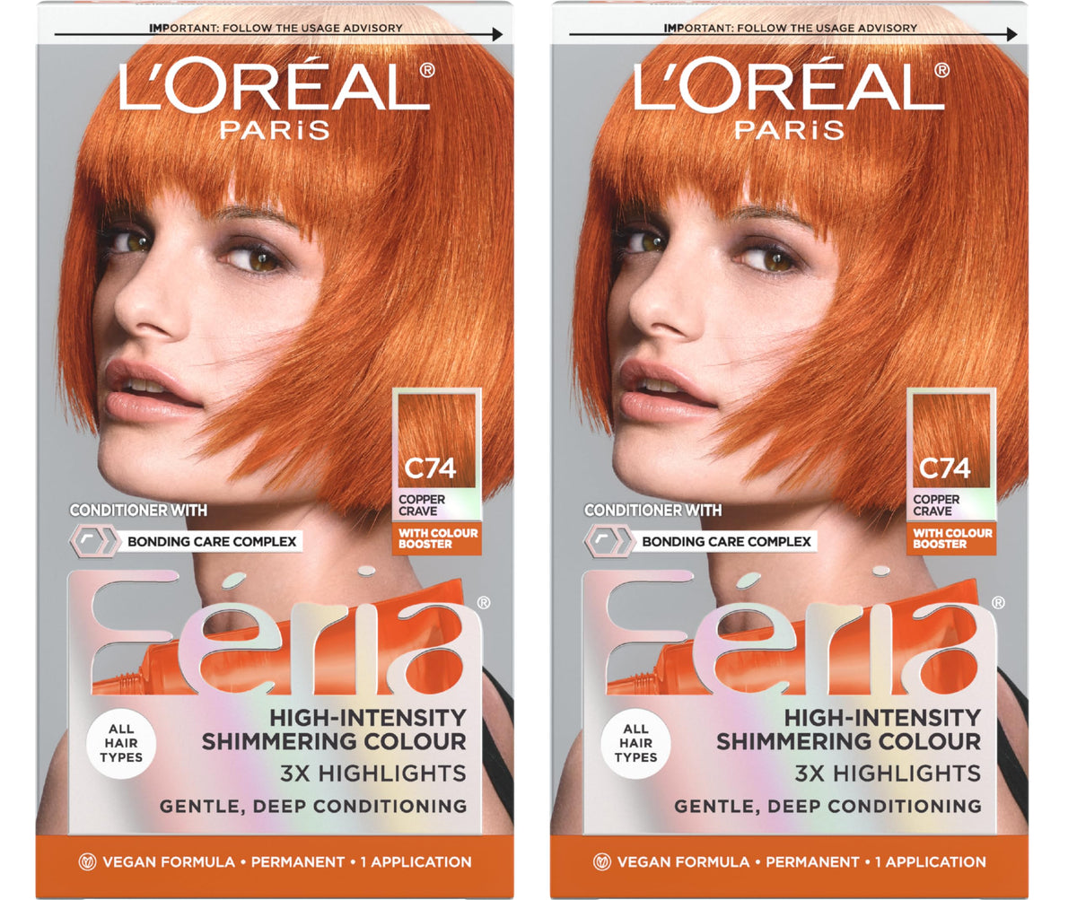 L'Oreal Paris Feria C74 Intense Copper color cream for vibrant, long-lasting shade.