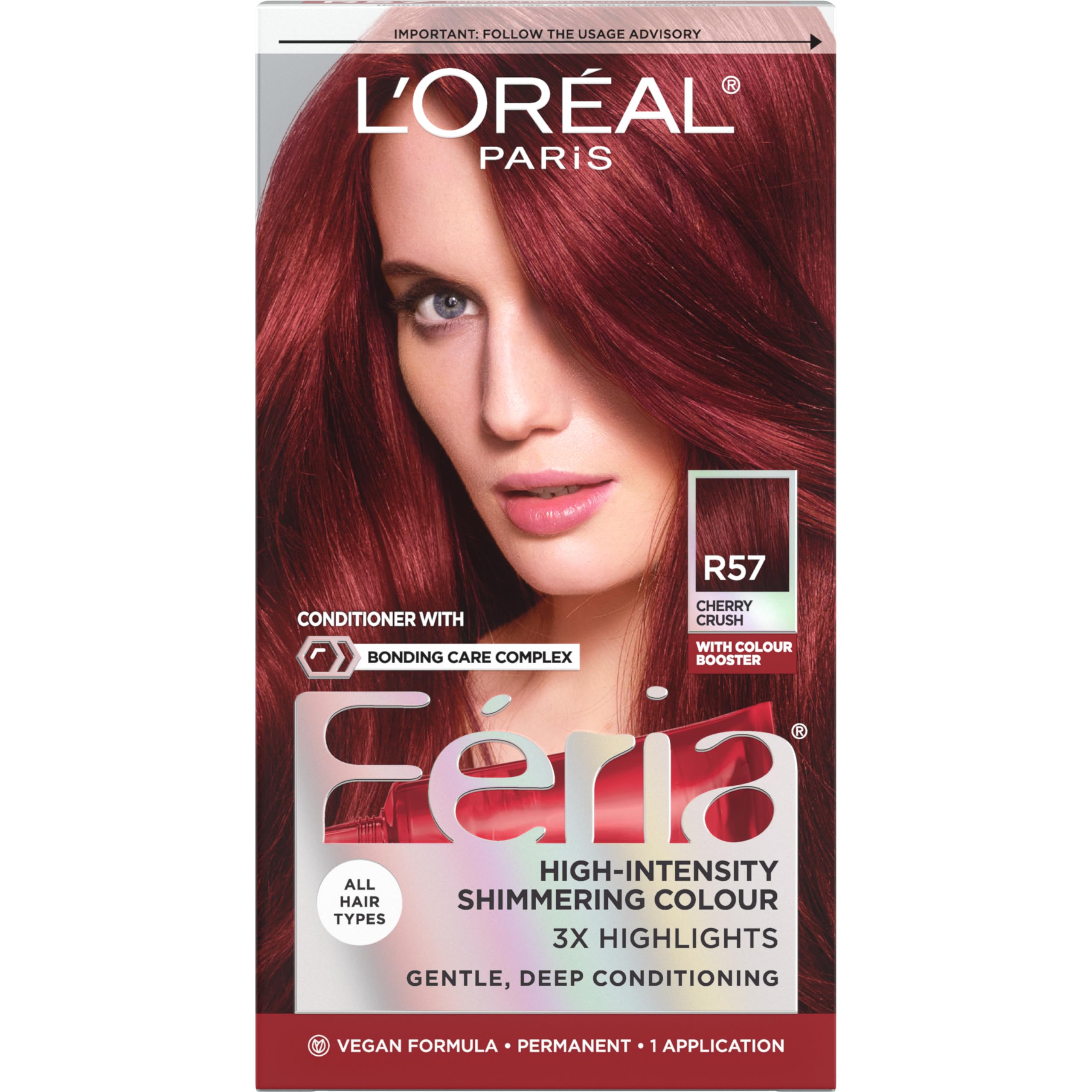 L'Oreal Paris Feria Cherry Crush color swatch showing shimmering medium auburn shade for bold style.