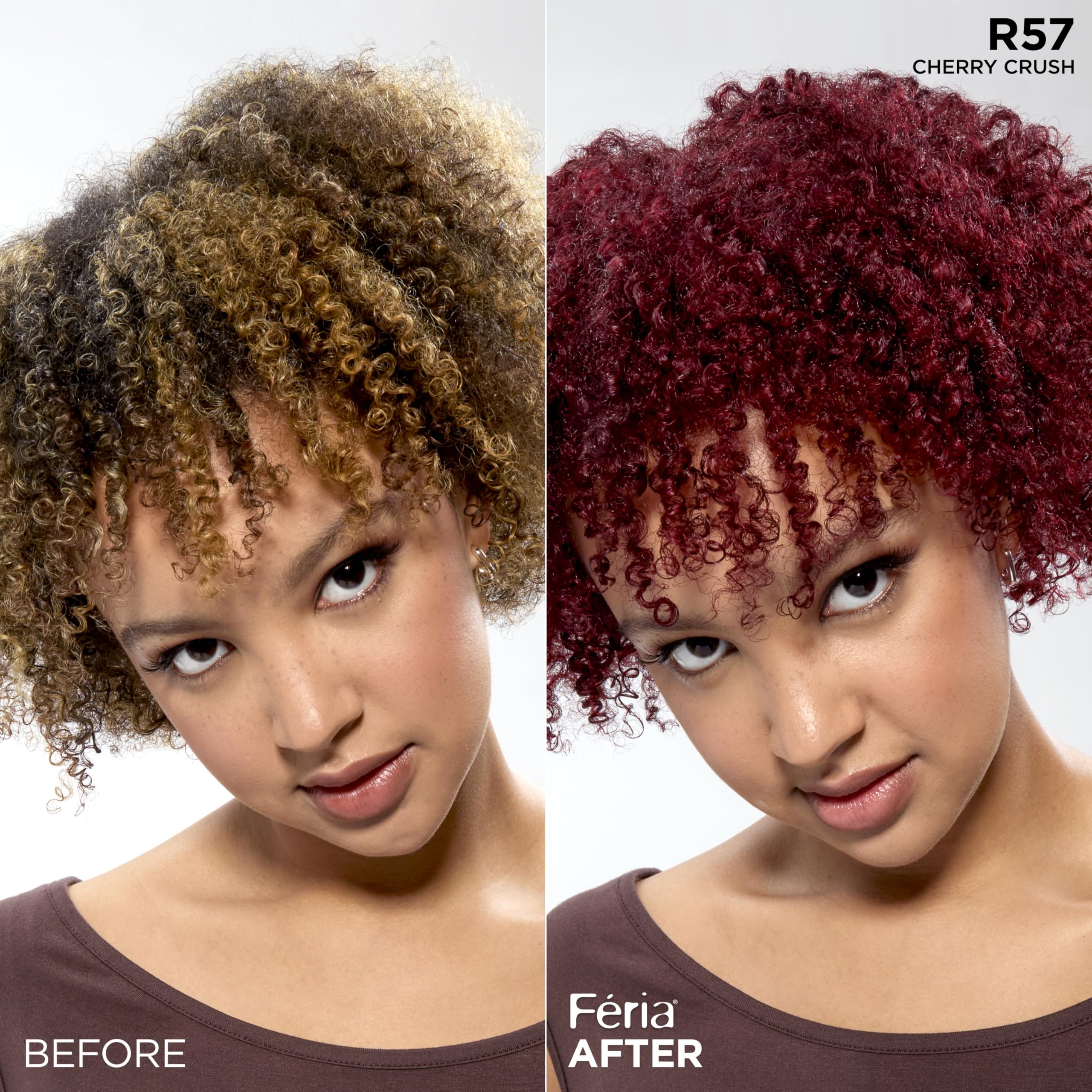 L'Oreal Paris Feria Cherry Crush conditioner bottle highlights weekly nourishment for color vibrancy.