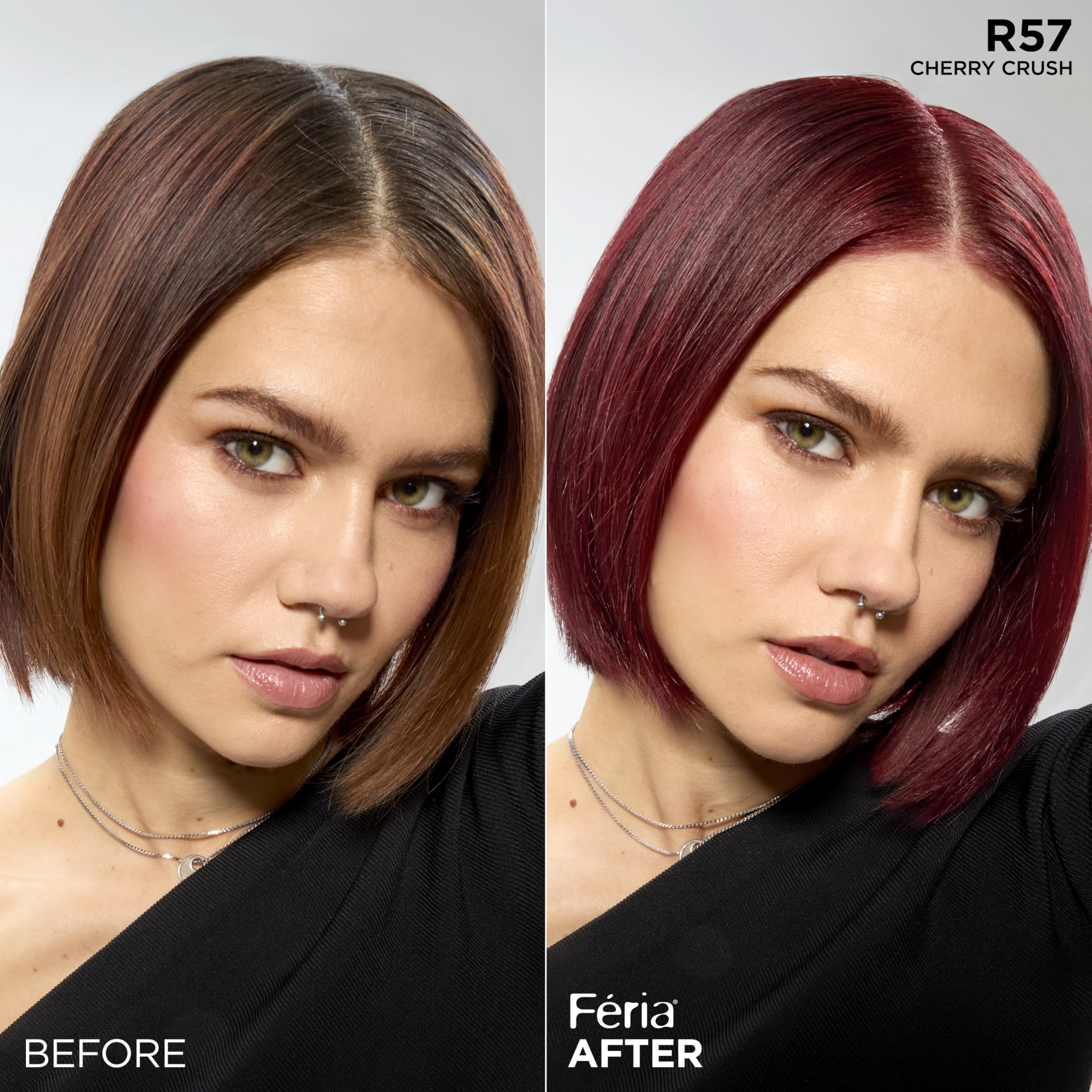 L'Oreal Paris Feria Cherry Crush bottle shines with a glossy finish that complements the intense shade.