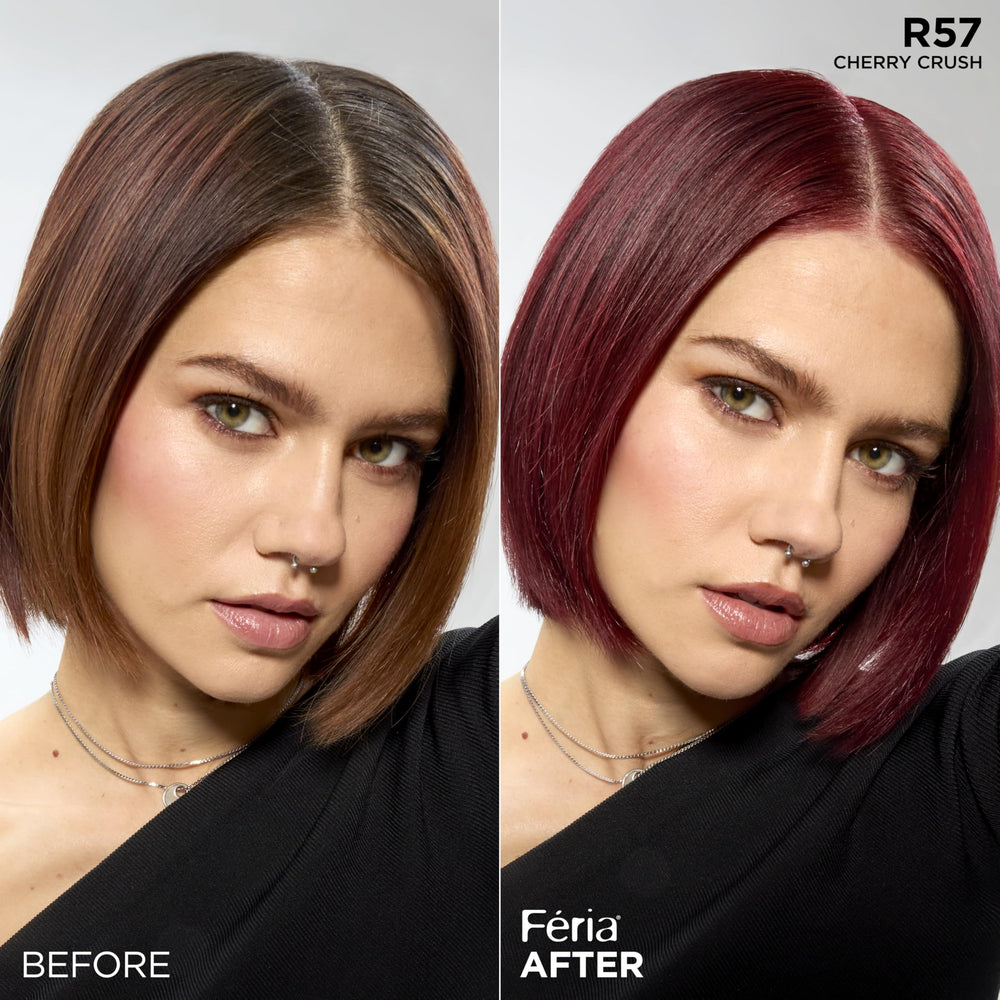L'Oreal Paris Feria Cherry Crush bottle shines with a glossy finish that complements the intense shade.