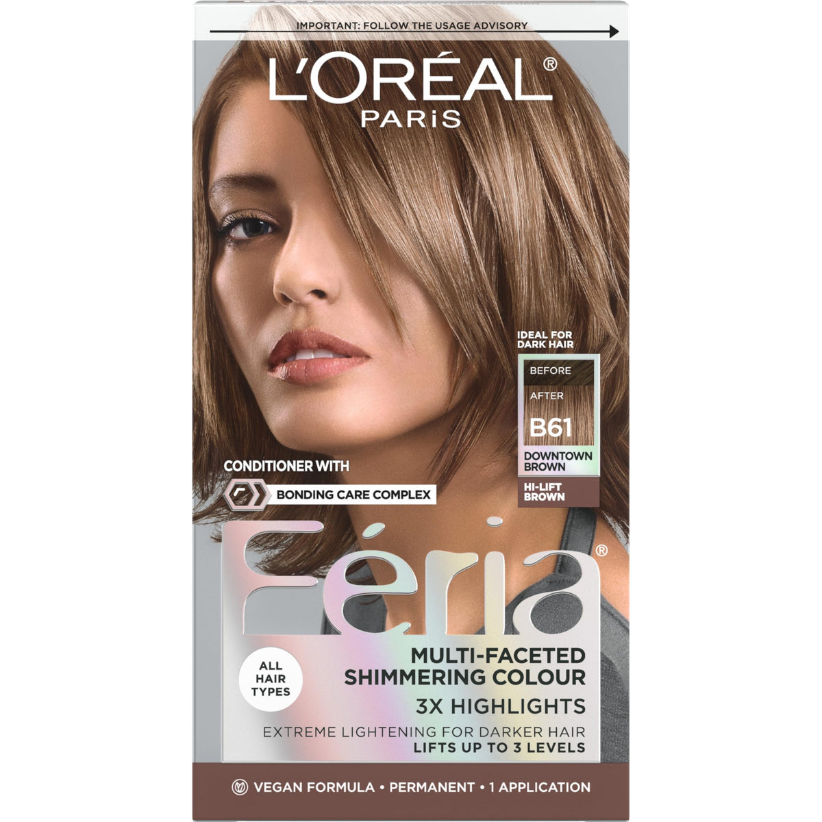 L'Oreal Paris Feria Downtown Brown swatch shows shimmering, multi-faceted color