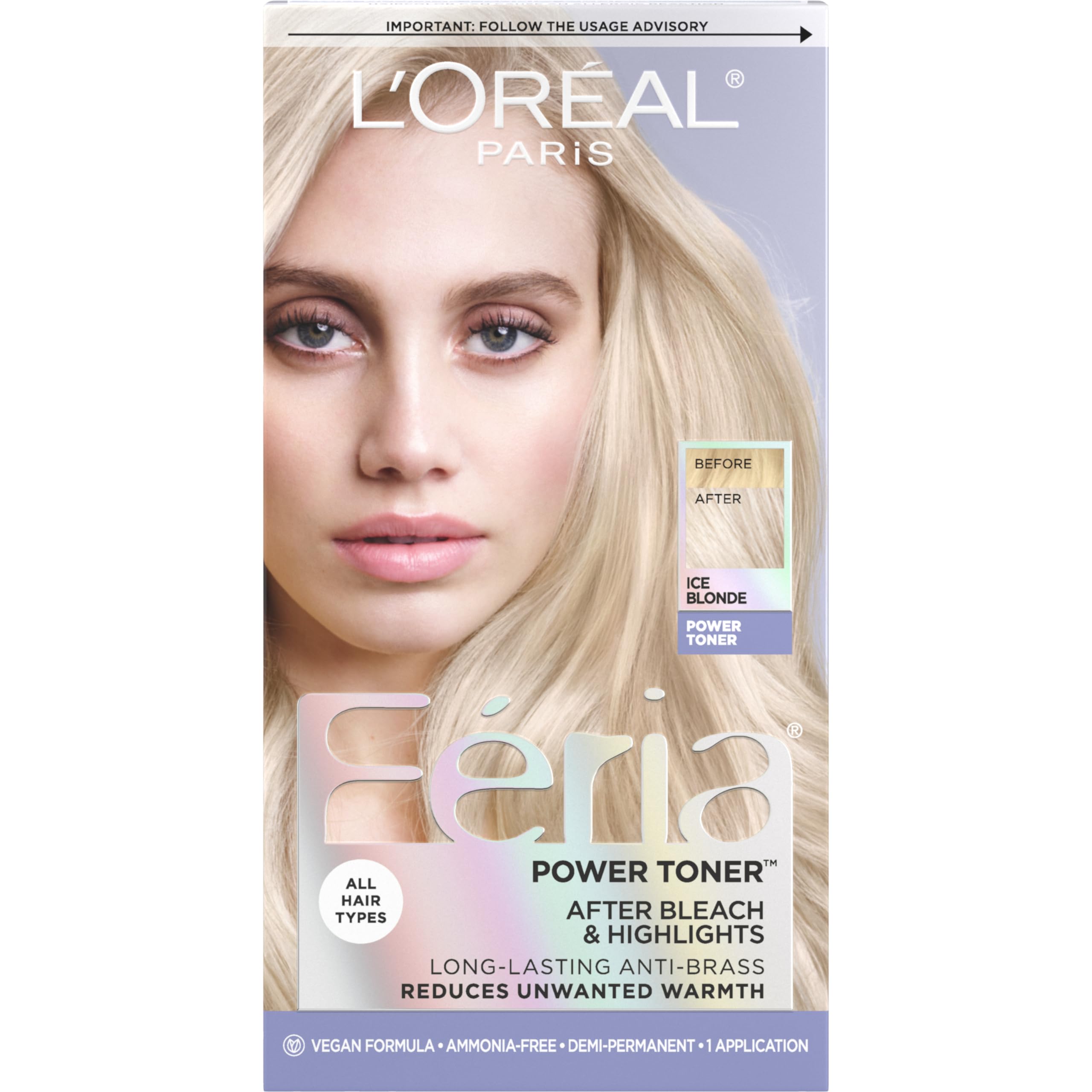 L'Oreal Paris Feria Ice Blonde Toner bottle closeup for anti-brass cooling tones