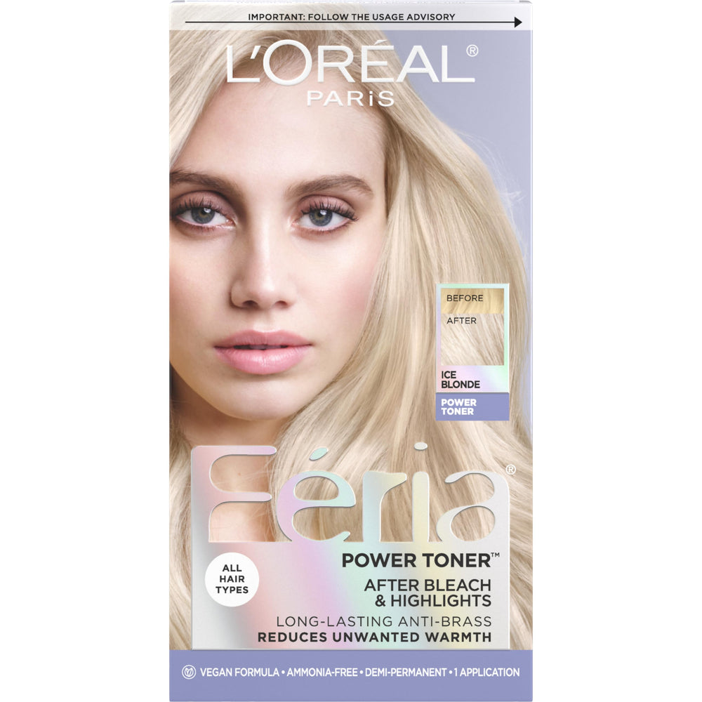 L'Oreal Paris Feria Ice Blonde Toner bottle closeup for anti-brass cooling tones