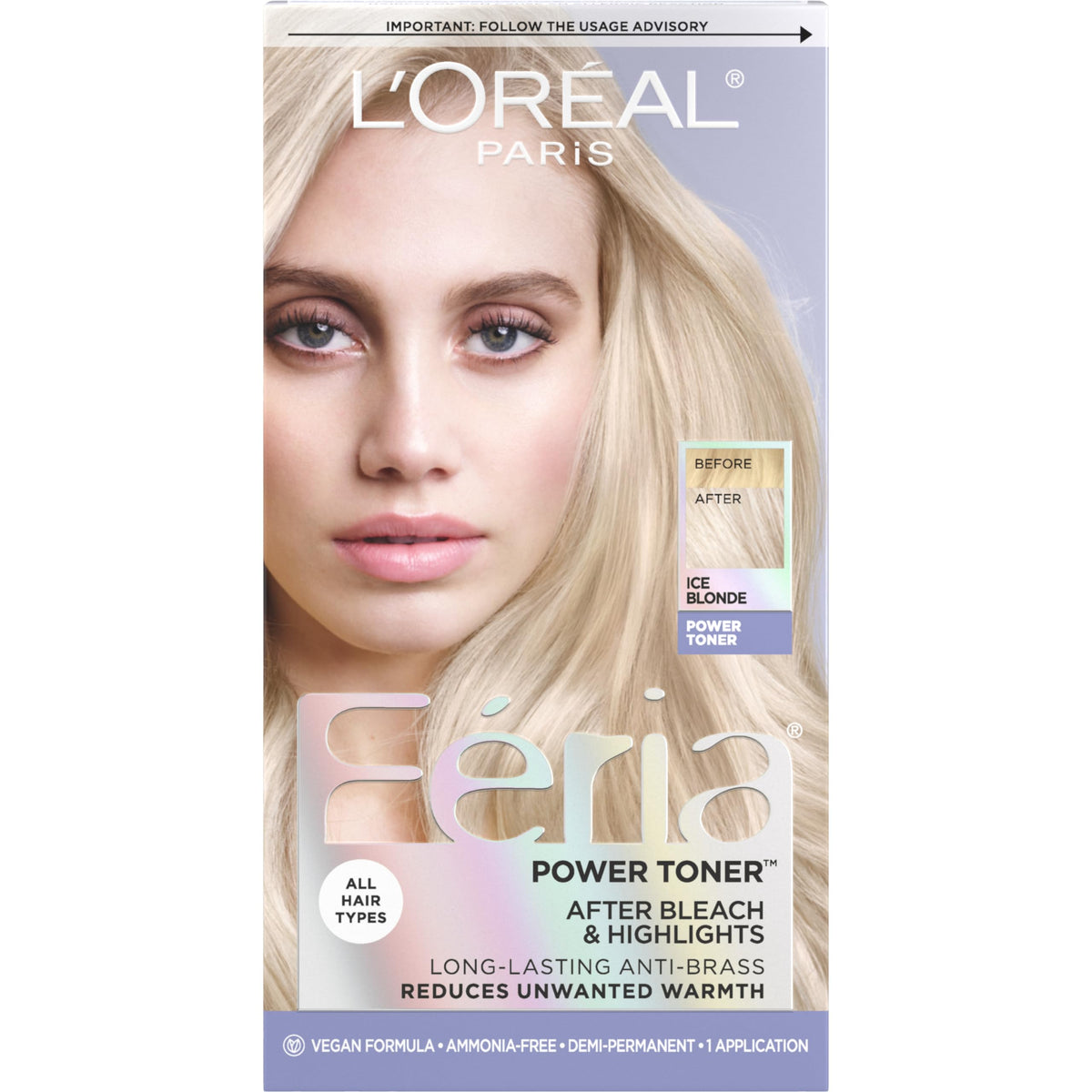 L'Oreal Paris Feria Ice Blonde Toner bottle closeup for anti-brass cooling tones