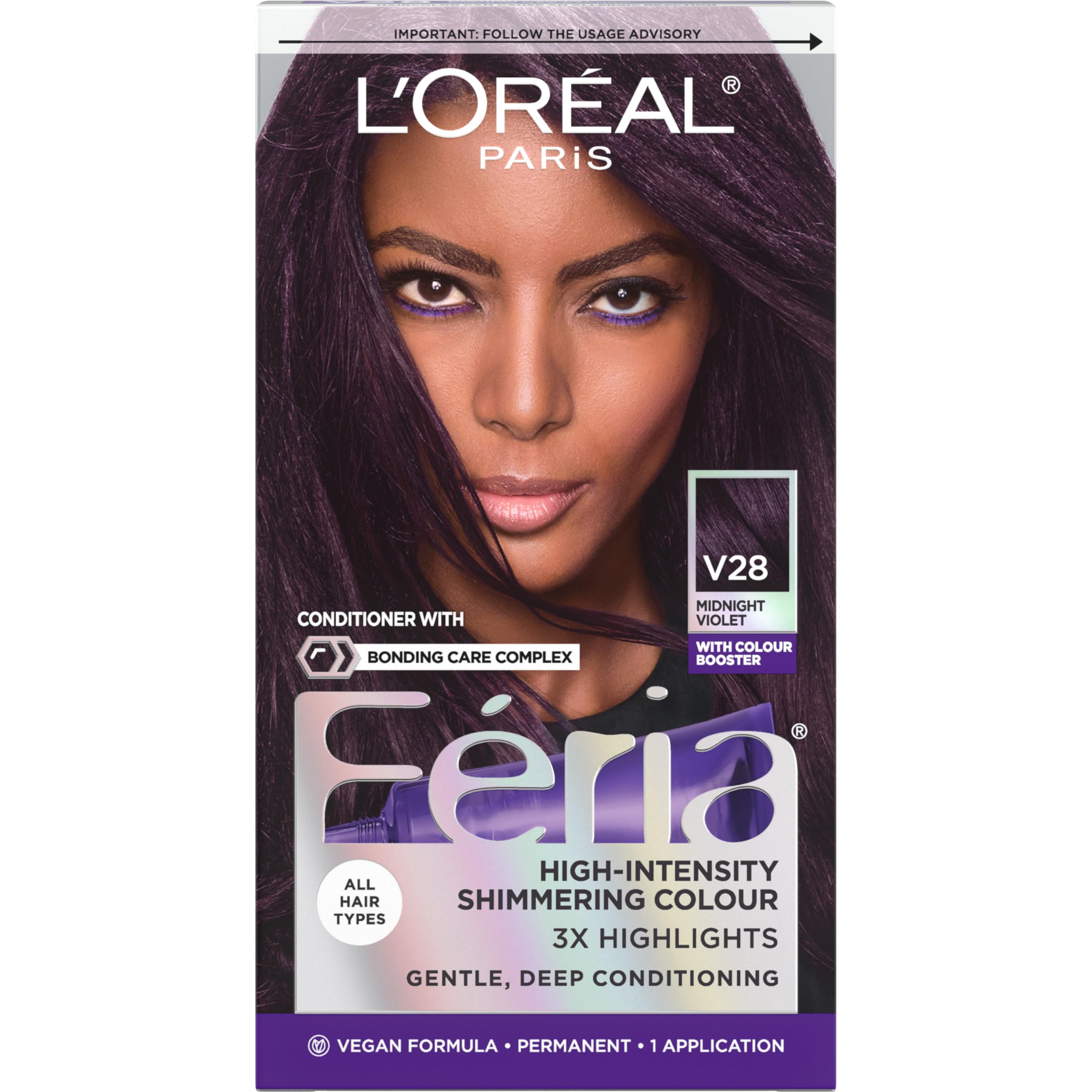 L'Oreal Paris Feria Midnight Violet color creme bottle showing rich, lasting shade