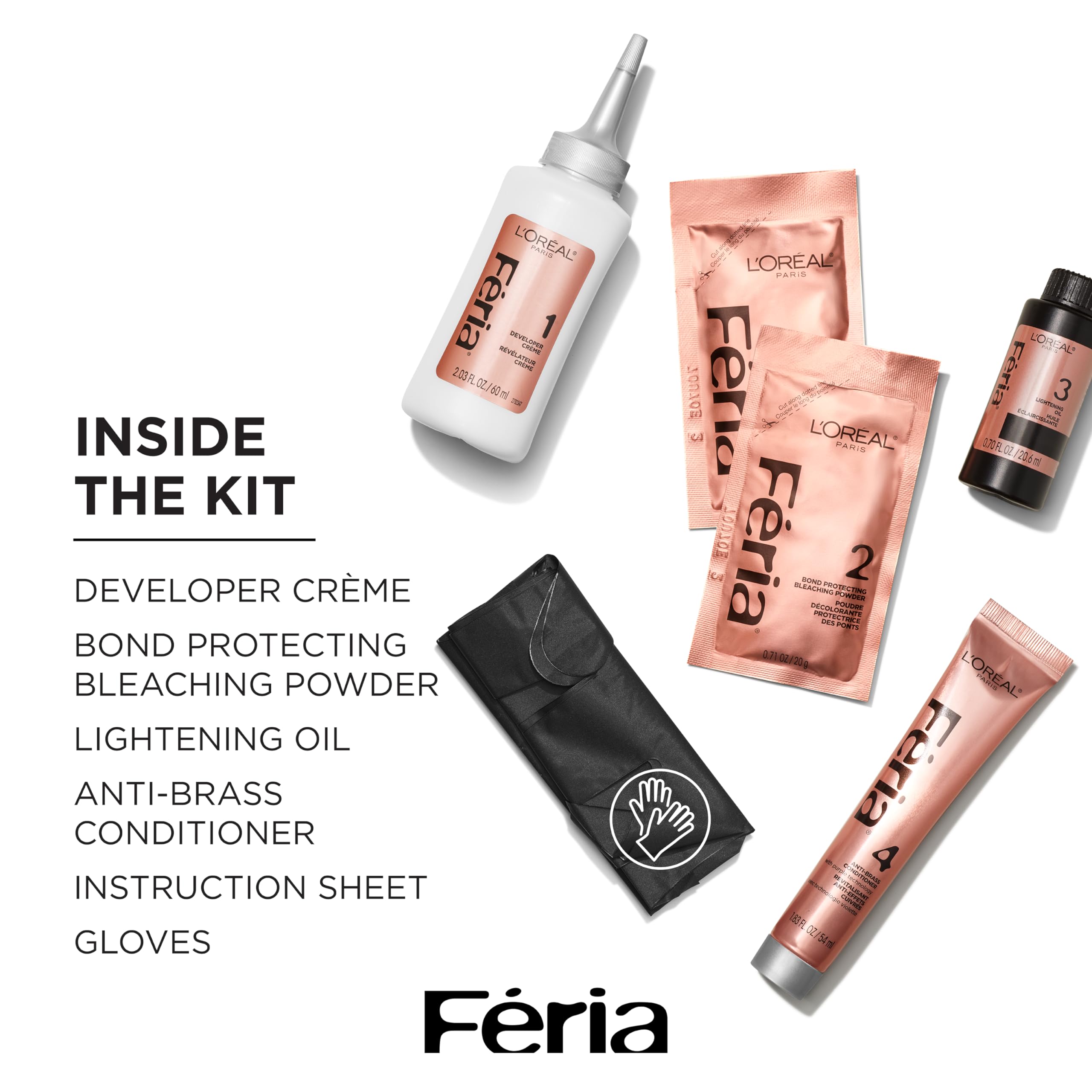 L'Oreal Paris Feria platinum bounce shades display featuring multi-tonal results