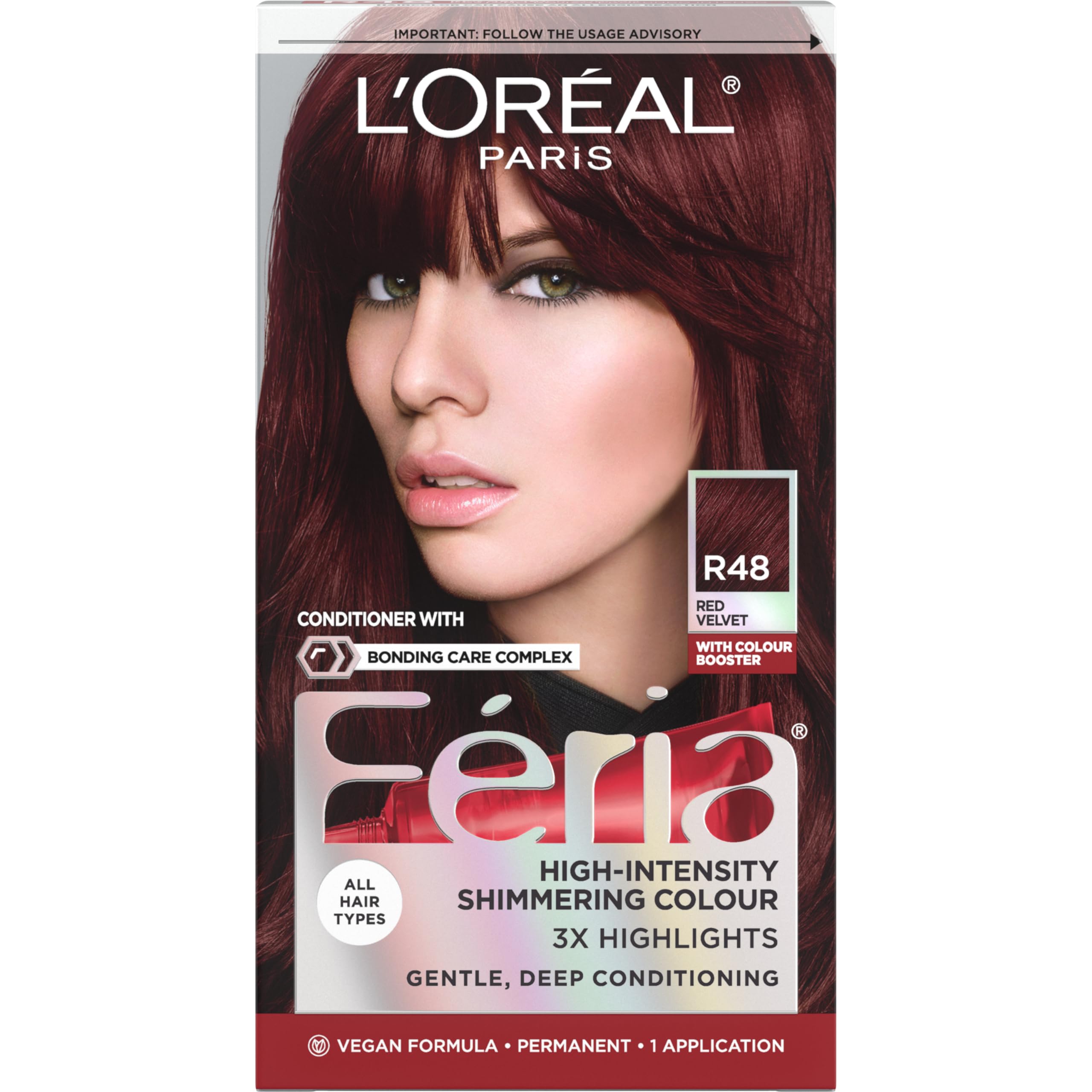 L'Oreal Paris Feria R48 Red Velvet kit front view for bold at-home color.