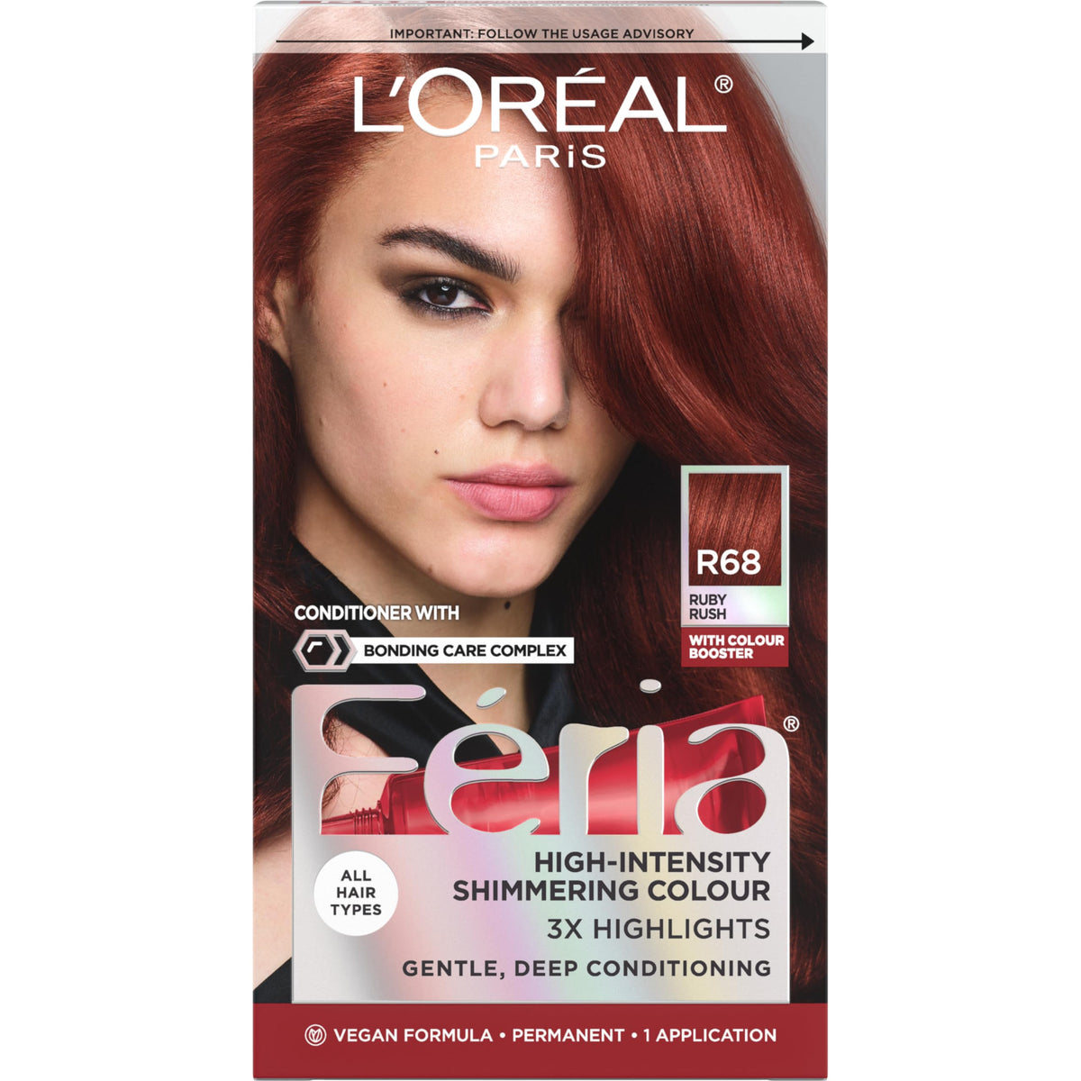 L'Oreal Paris Feria R68 Ruby Rush bottle showing vibrant shimmering dye for bold color