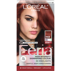 L'Oreal Paris Feria R68 Ruby Rush bottle showing vibrant shimmering dye for bold color