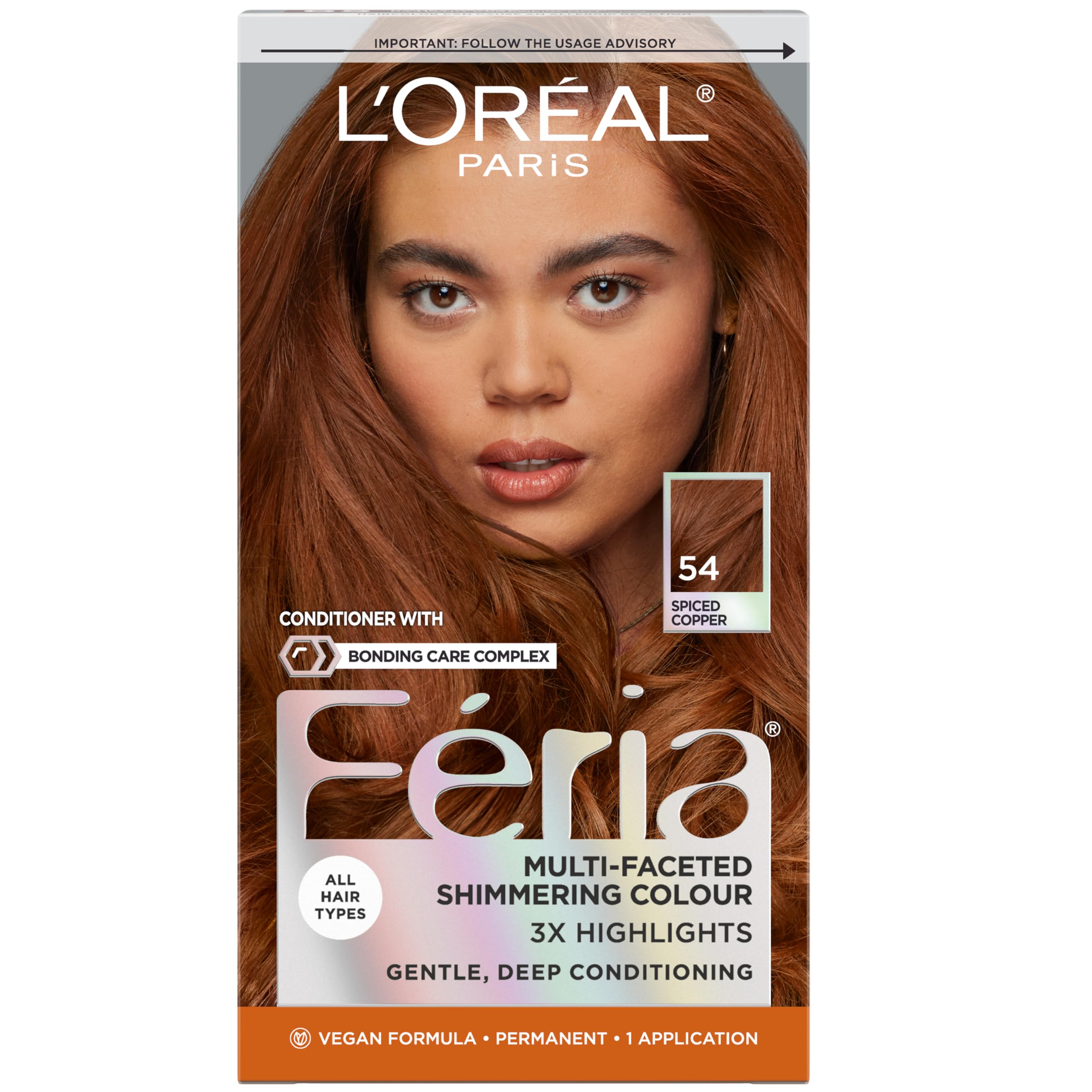 L'Oreal Paris Feria spiced copper bottle pour demonstrates vibrant multi-tone color option