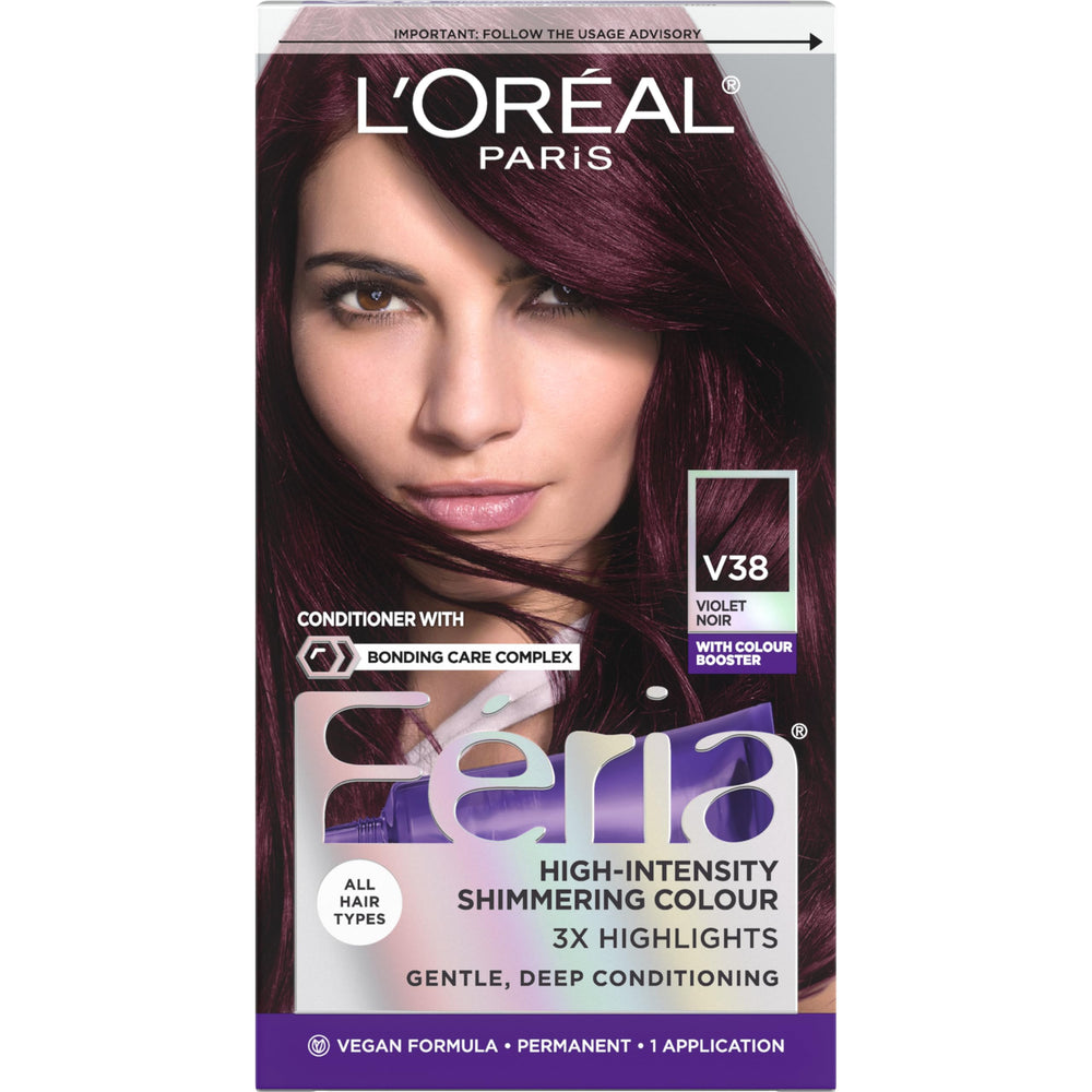 L'Oreal Paris Feria V38 Violet Noir bottle close-up shows rich violet tones.