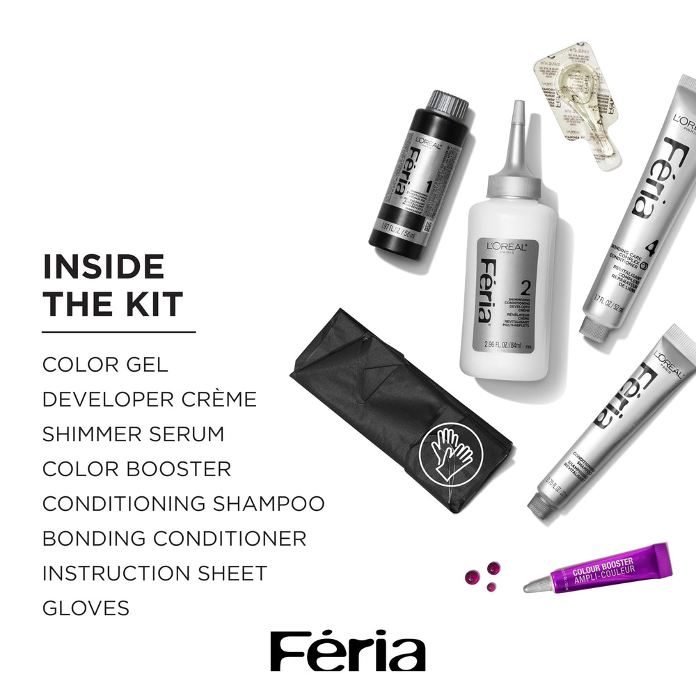 L'Oreal Paris Feria V38 Violet Noir dye kit components for at-home coloring.